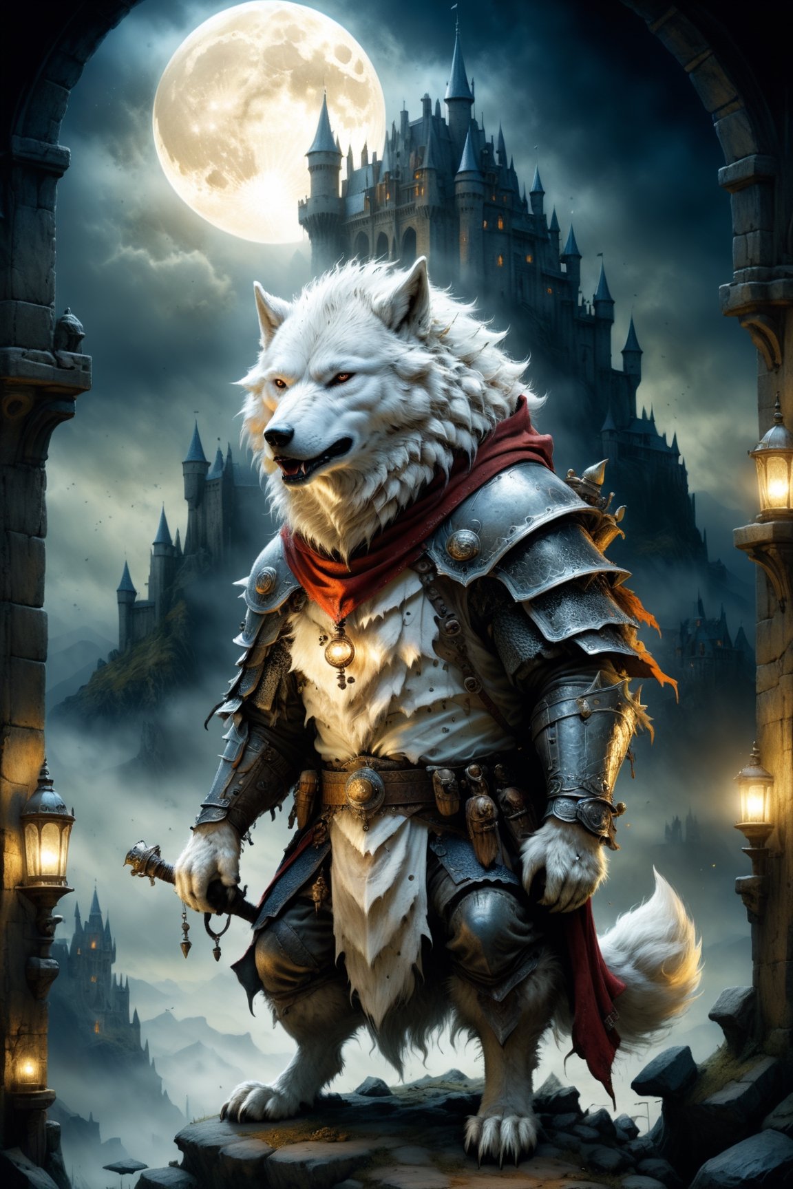 (((Top Quality: 1.4))), (Art by jean baptiste monge),(Unparalleled Masterpiece),(Ultra High Definition),(Ultra-Realistic 8k CG),chiaroscuro,cute white werwolf,king of werwolves, massive mascular body, standing,fluffy body , in dark medieval castle,horror , eerie moon light makes gradient of shadows and adds depth to images, (magic mysterious background,highly detailed baclgound, glowing particles, ethereal fog, faint darkness), hype realistic cover photo awesome full color, Cinematic, (hyper detail: 1.2), perfect anatomy,more detail XL,Leonardo Style,,detailmaster2,((over waist image:1.8)),,realistic,monster