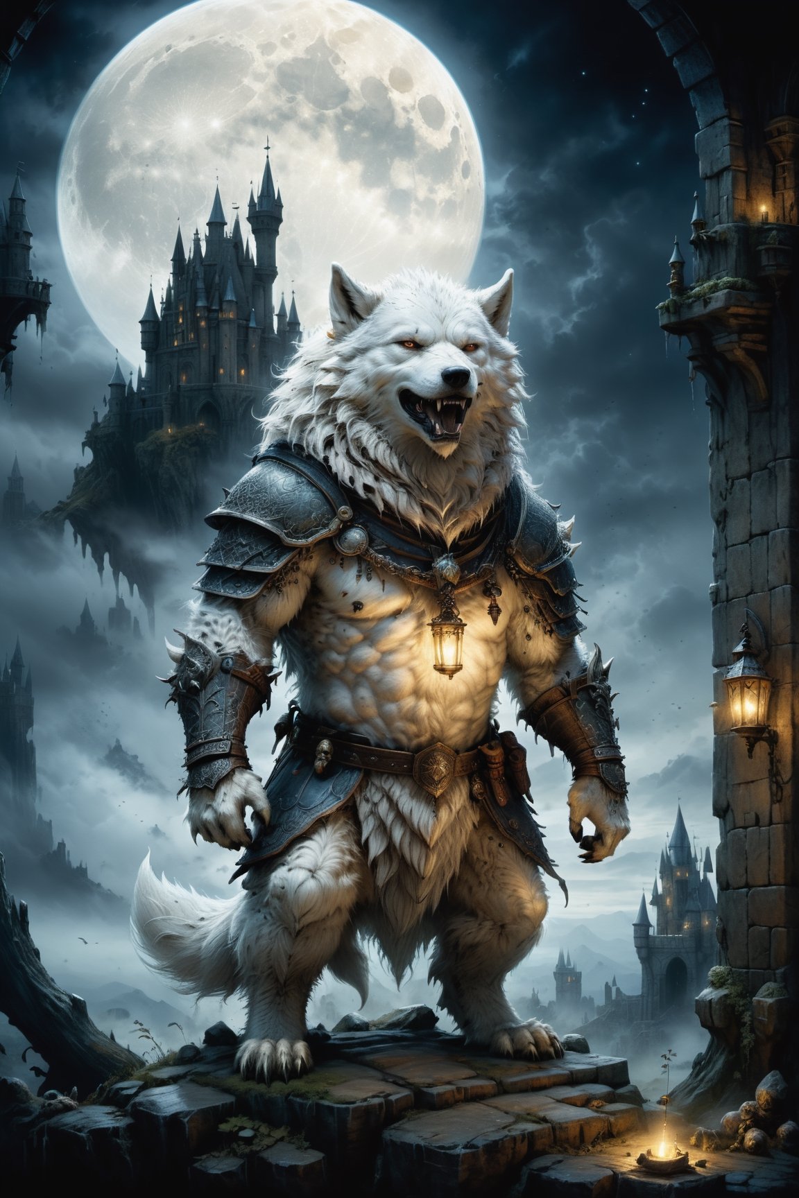 (((Top Quality: 1.4))), (Art by jean baptiste monge),(Unparalleled Masterpiece),(Ultra High Definition),(Ultra-Realistic 8k CG),chiaroscuro,cute white werwolf,king of werwolves, massive mascular body, standing,fluffy body , in dark medieval castle,horror , eerie moon light makes gradient of shadows and adds depth to images, (magic mysterious background,highly detailed baclgound, glowing particles, ethereal fog, faint darkness), hype realistic cover photo awesome full color, Cinematic, (hyper detail: 1.2), perfect anatomy,more detail XL,Leonardo Style,,detailmaster2,((over waist image:1.8)),,realistic,monster