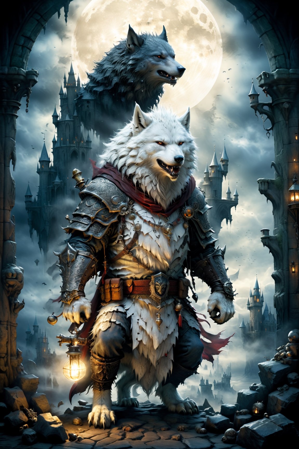 (((Top Quality: 1.4))), (Art by jean baptiste monge),(Unparalleled Masterpiece),(Ultra High Definition),(Ultra-Realistic 8k CG),chiaroscuro,cute white werwolf,king of werwolves, massive mascular body, standing,fluffy body , in dark medieval castle,horror , eerie moon light makes gradient of shadows and adds depth to images, (magic mysterious background,highly detailed baclgound, glowing particles, ethereal fog, faint darkness), hype realistic cover photo awesome full color, Cinematic, (hyper detail: 1.2), perfect anatomy,more detail XL,Leonardo Style,,detailmaster2,((over waist image:1.8)),,realistic,monster