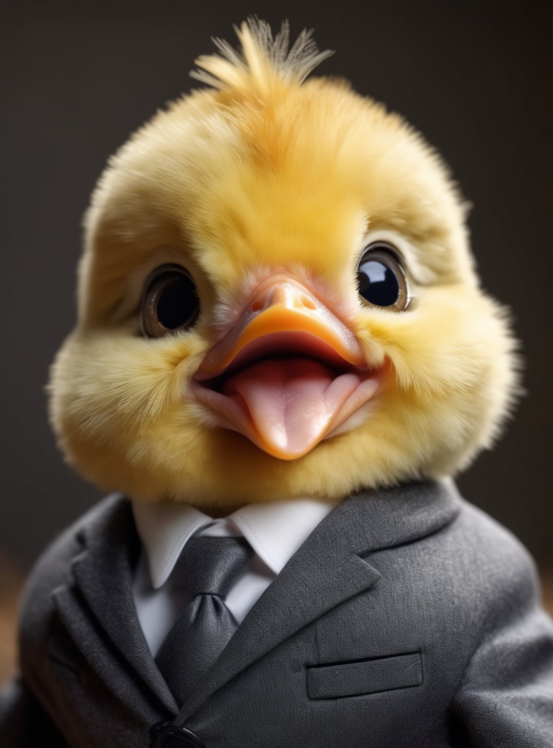 face close up photo of anthropomorphic fat baby chick,(tongue), (furry),dressed in a dark gray suit, (sticking out tongue:1.5),(happy smile:1.5),(playful:1.2), soft lighting, Cinematic, hdr, primitive, Intricate, High quality, smoothing tones, Intricate details, Low contrast,(viewed from side:2.0), (looking at viewer:1.5), simple background