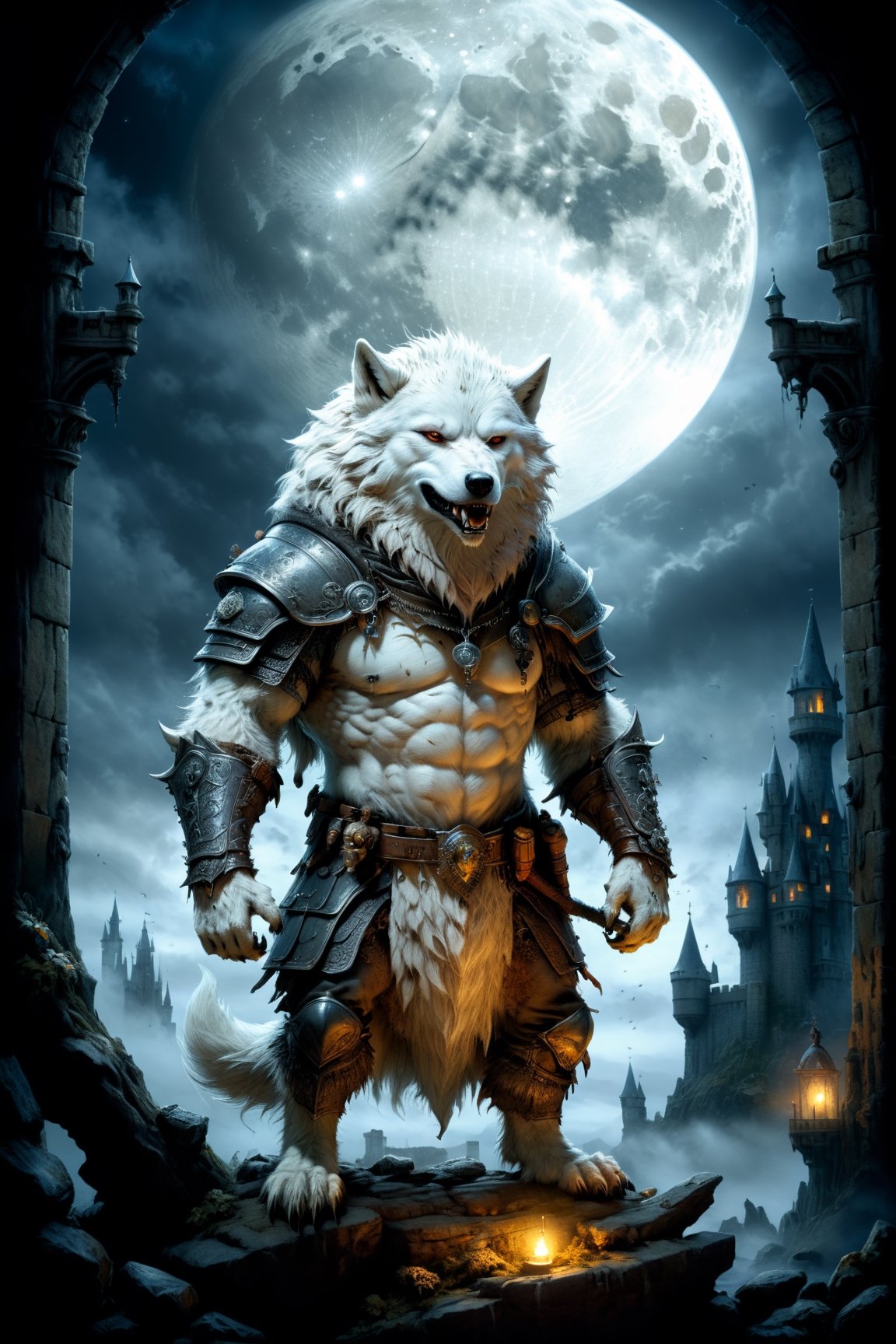 (((Top Quality: 1.4))), (Art by jean baptiste monge),(Unparalleled Masterpiece),(Ultra High Definition),(Ultra-Realistic 8k CG),chiaroscuro,cute white werwolf,king of werwolves, massive mascular body, standing,fluffy body , in dark medieval castle,horror , eerie moon light makes gradient of shadows and adds depth to images, (magic mysterious background,highly detailed baclgound, glowing particles, ethereal fog, faint darkness), hype realistic cover photo awesome full color, Cinematic, (hyper detail: 1.2), perfect anatomy,more detail XL,Leonardo Style,,detailmaster2,((over waist image:1.8)),,realistic,monster