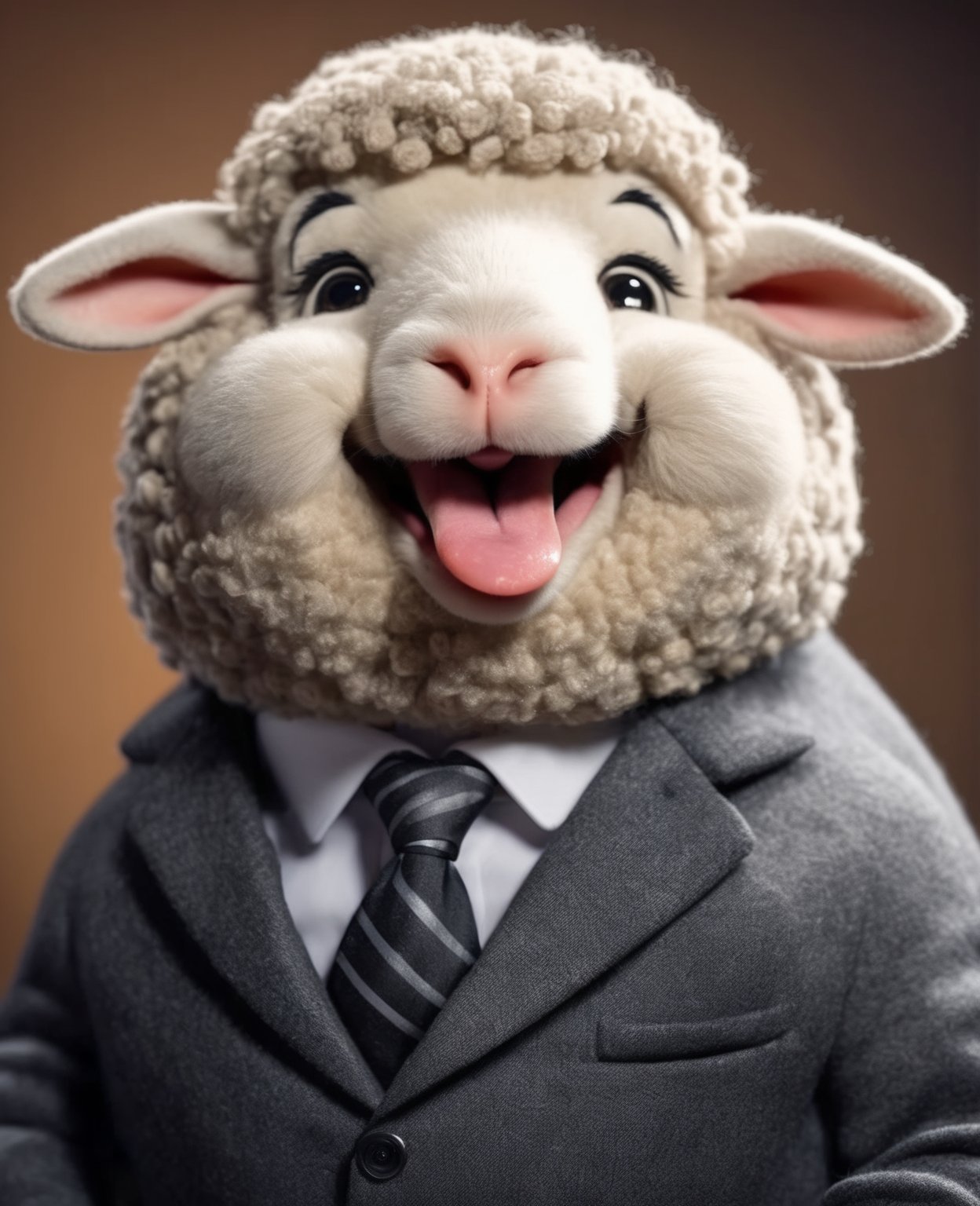 face close up image of anthropomorphic sheep,(tongue), (furry),dressed in a dark gray suit, (sticking out tongue:1.5),(happy smile),(playful:1.2), soft lighting, Cinematic, hdr, primitive, Intricate, High quality, smoothing tones, Intricate details, Low contrast,(viewed from side:2.0), (looking at viewer:1.5), simple background