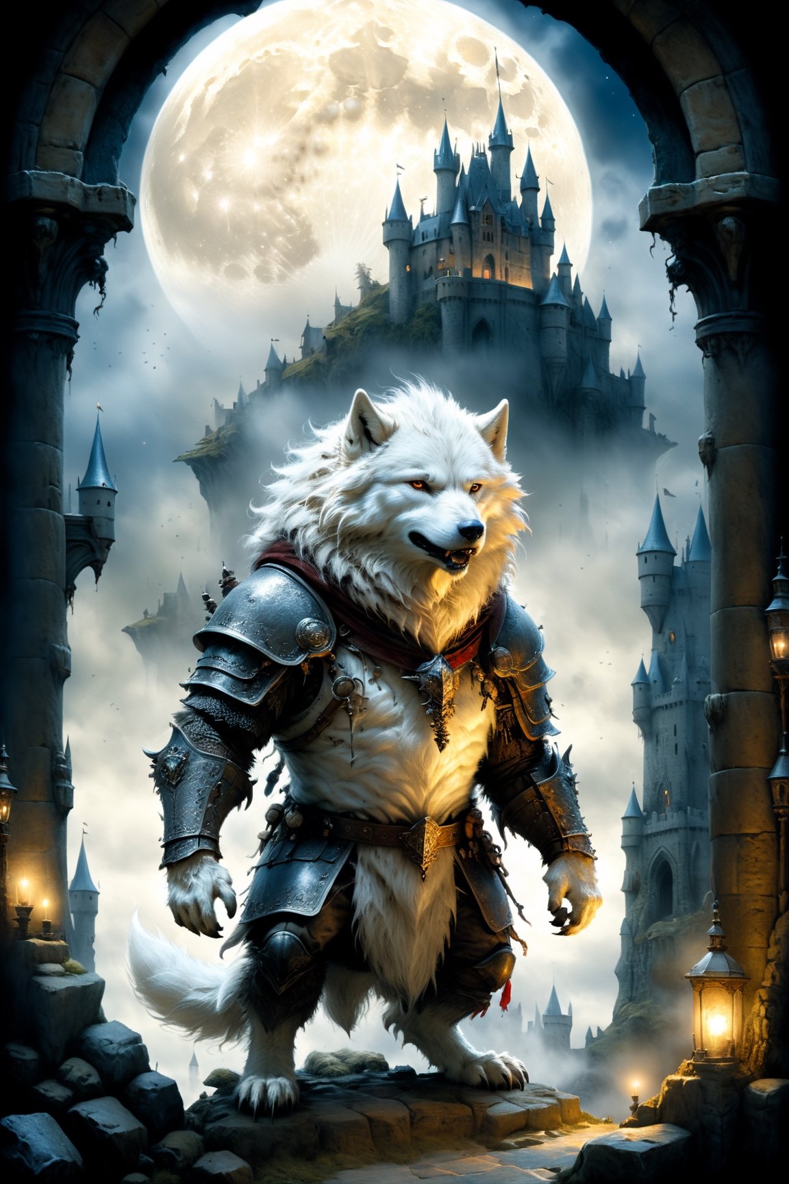 (((Top Quality: 1.4))), (Art by jean baptiste monge),(Unparalleled Masterpiece),(Ultra High Definition),(Ultra-Realistic 8k CG),chiaroscuro,cute white werwolf,king of werwolves, massive mascular body, standing,fluffy body , in dark medieval castle,horror , eerie moon light makes gradient of shadows and adds depth to images, (magic mysterious background,highly detailed baclgound, glowing particles, ethereal fog, faint darkness), hype realistic cover photo awesome full color, Cinematic, (hyper detail: 1.2), perfect anatomy,more detail XL,Leonardo Style,,detailmaster2,((over waist image:1.8)),,realistic,monster,eyes shoot