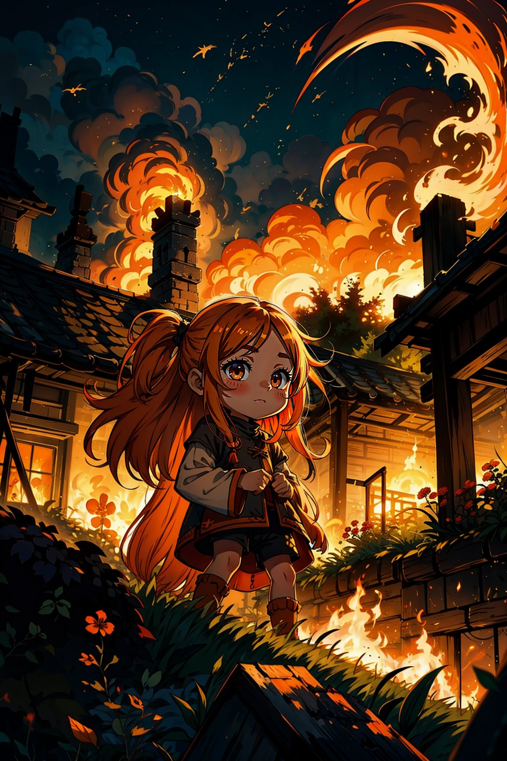 An orange long hair villager with freckles. Flames engulf the medival village in 