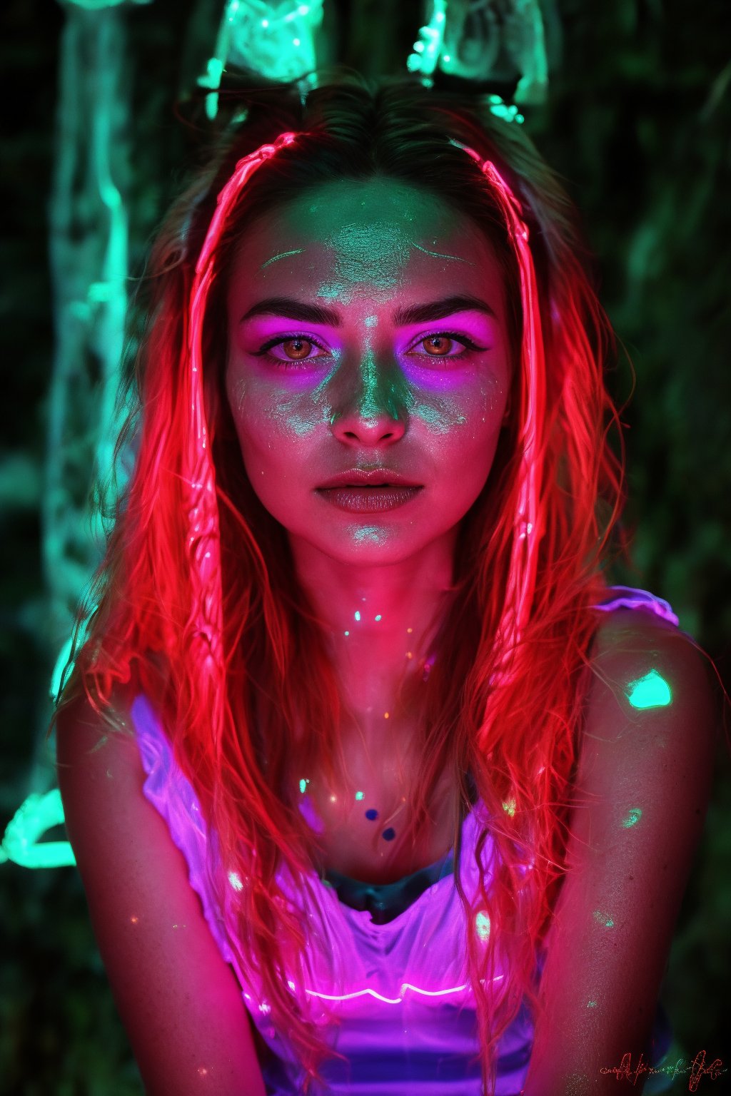 Portrait of a mystical fantasy bioluminescent neon woman. Glamorous fashionable lady. Glowing 
skin spot,  Glowing color,Glowing dots on face, neon lines on face, glowing multiple colour on eyeballs,25 year old girl 