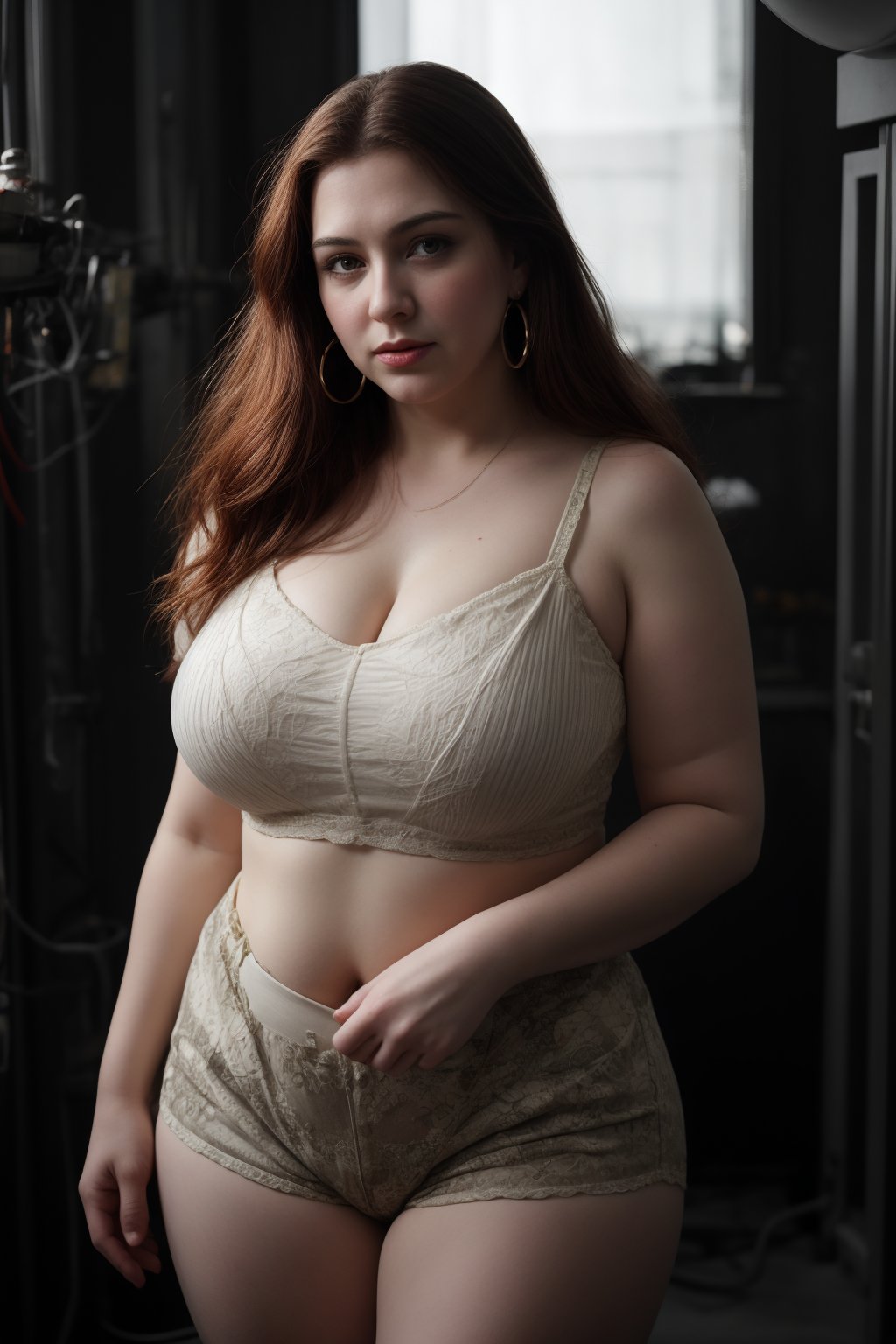 Bra:2, t shirt, Tanktop, plump, Cyberpunk, Neon glow, curvy women:2, milf ,  bubbly, masterpiece, high resolution,  long gown, best quality, 4k, plump face, 38 years old , panty house , strap on, women, shorts,  hot pants, thick_hip, solo, beauty photo, amateur photo, skin texture:2, 1girl, eye level, and hoop earrings, red_teal_orange-colored busty ironed straight, stand, room,lighting,photorealistic ,CyberpunkWorld, 27 year old,Plump chubby,kushboo