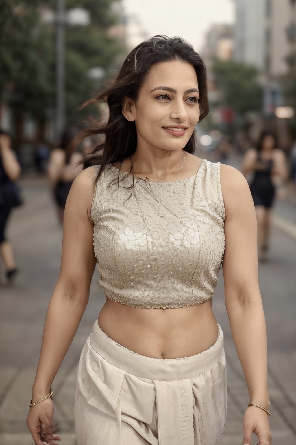 A 38-year-old stunning woman walks alone down a bustling city street, her toned midriff visible beneath a fitted white tank top as she confidently strides forward. The warm sunlight casts a flattering glow on her features, highlighting the curve of her smile and the sparkle in her eyes. The urban landscape blends into a blurred background, emphasizing the subject's striking presence.,T shape navel 