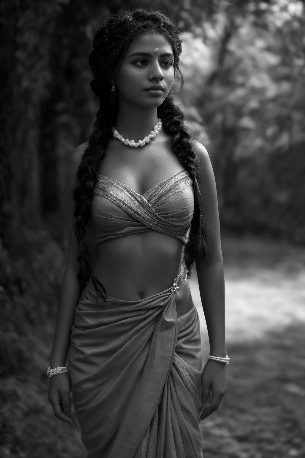 In a flower grand, a 28-year-old woman with braided hair stands solo-focused in front view, her stunning saree flowing from her navel. The camera captures the sultry shot as she confidently showcases her curvy figure. Her braided hair tail fall down to hip,  A pearl necklace adorns her neck, complemented by dangling earrings and a bracelet that catches the light. Her lips pout slightly,Saree,Big eyes 