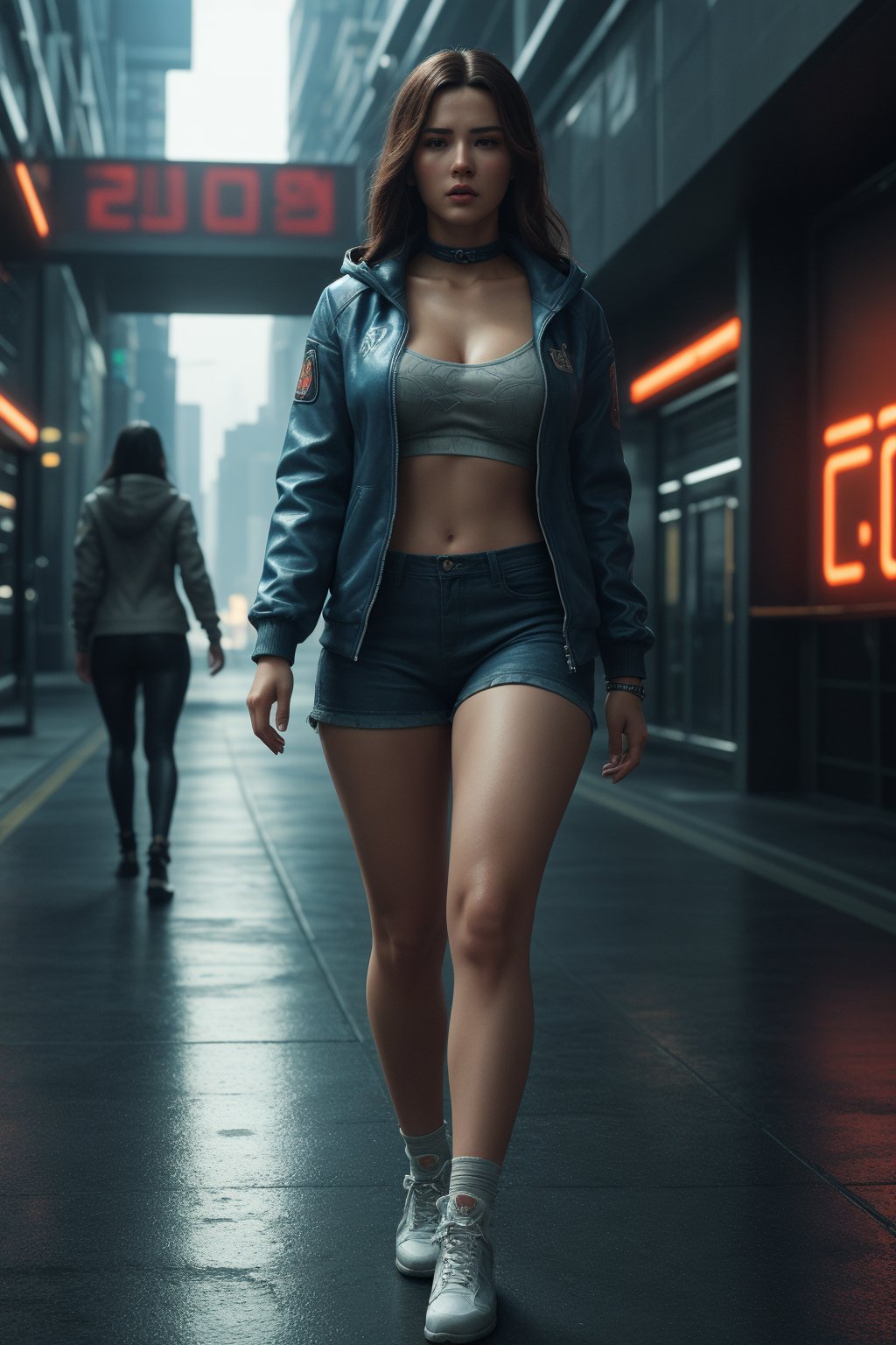 In a cyberpunk City a beautiful Asian woman walking,  hot pan and hoodie jacket hourglass body, she's looking so hot and looking at viewers, ultra realistic environment, futuristic scenario, year 3000, more details, neon light lines on her dress, futuristic cyber gadget on her body, a big scientific smartwatch on her wrist, neon light glowing choker,Tamil girl