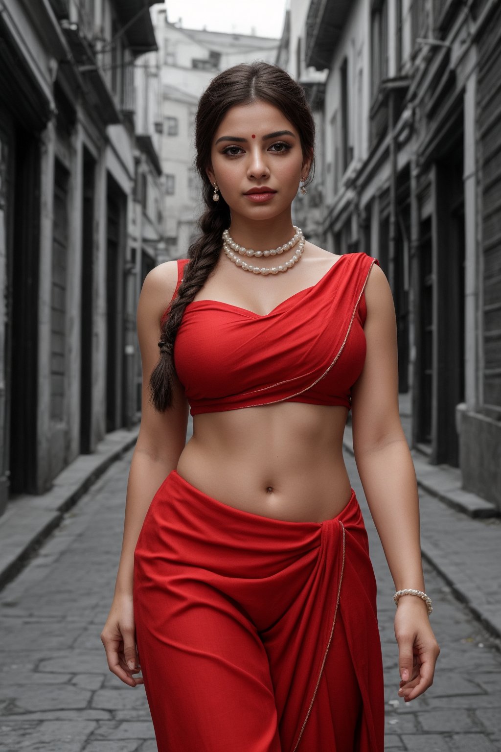 Russian girl, in city, out side, Red hair braided hair:2, She remove Her  saree from  navel,  front view, braided hair tail, A sultry shot of a 28-year-old woman wearing a stunning  saree:1, showcasing her curvy figure. She poses solo-focused, looking directly at the viewer with alluring hair. Her thick body is accentuated by a sleeveless dress and hotpants, while her big breast,  A pearl necklace adorns her neck, complemented by dangling earrings and a bracelet. Her lips pout slightly, inviting attention to her The background is blurry, with a ground vehicle visible in the distance. Her eyes, like perfect pearls, gaze directly at us, captivating our attention.,Saree 