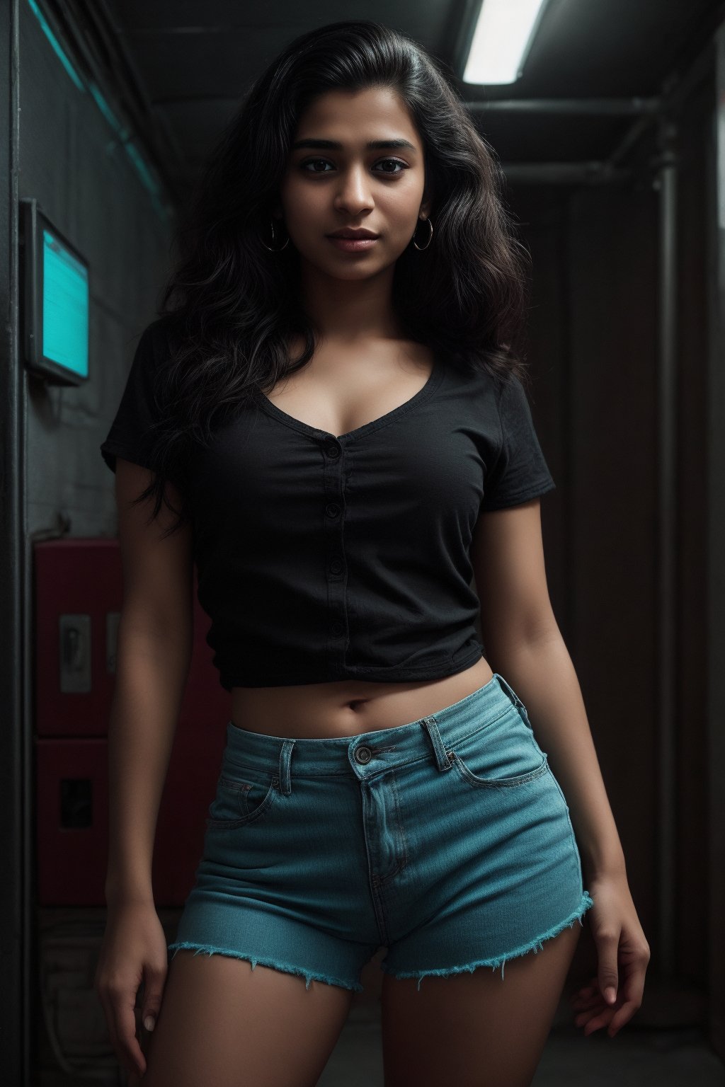 Cyberpunk, Neon glow, masterpiece, high resolution, best quality, 4k, plump face, 1girl, solo, beauty photo, amateur photo, 1girl, eye level, oversized button-up shirt, and hoop earrings, Teal-colored Flat ironed straight, stand pose in locker room,lighting,photorealistic,Curly girl ,redneonstyle,Rebecca ,Mallu girl ,Tamil girl