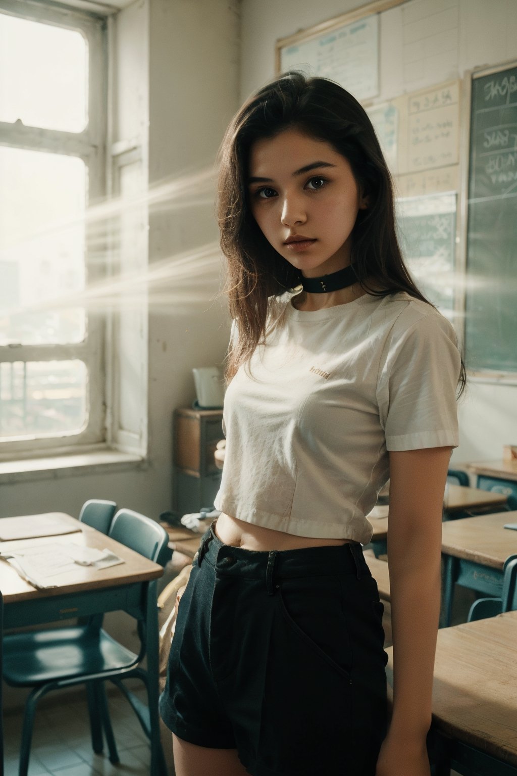 analog photo, a cute girl, 22 years old, black hair, pale skin, short shirt, hot pants, choker, vintage, faded film, (film grain),  school, classroom, beautiful deatailed shadow,dust,tyndall effect,hyperdetalization,CyberpunkWorld