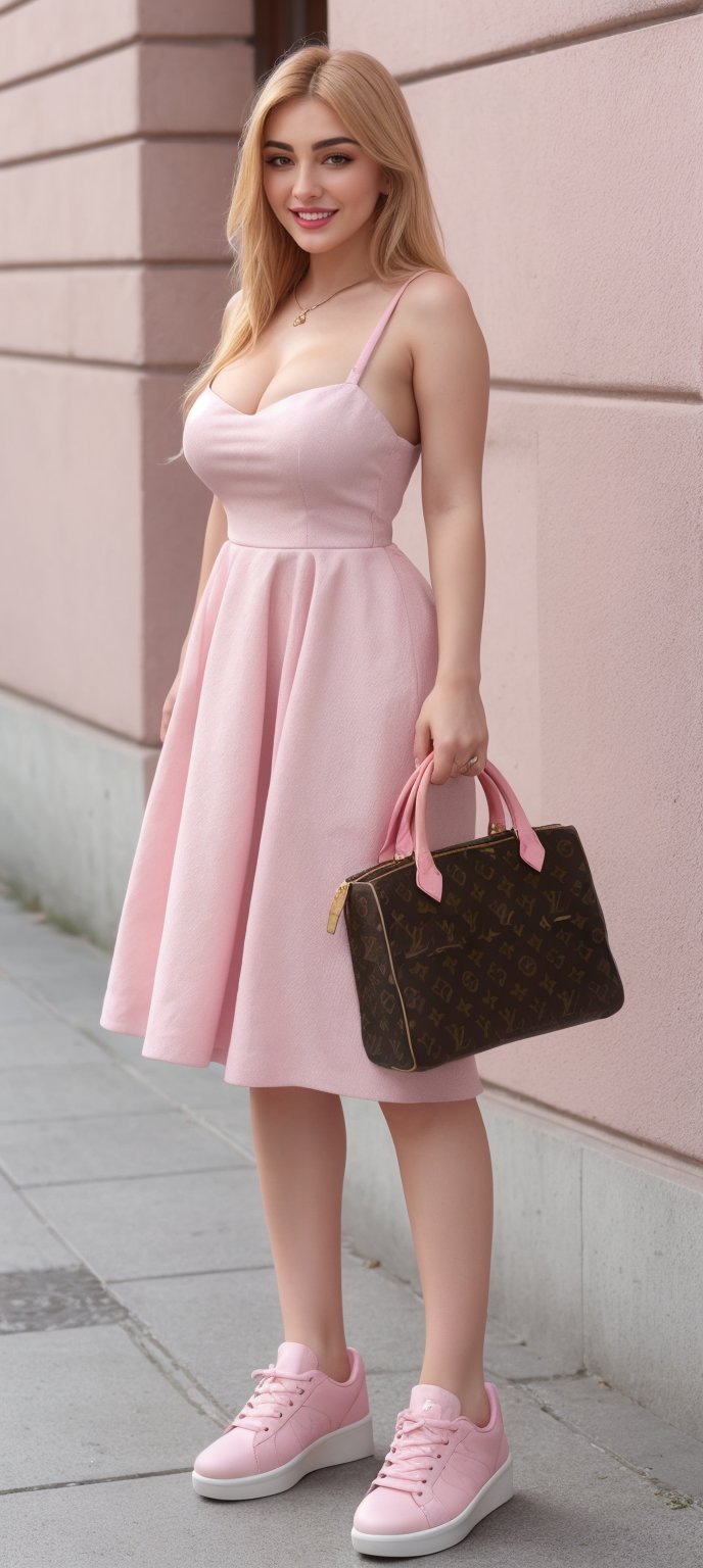 1girl, solo, long hair, yellow hair, pink dress, standing, full body, shoes, bag,louis vuitton bag, pink footwear, sneakers, photo background,Perfect lips,smile,Blonde busty 
