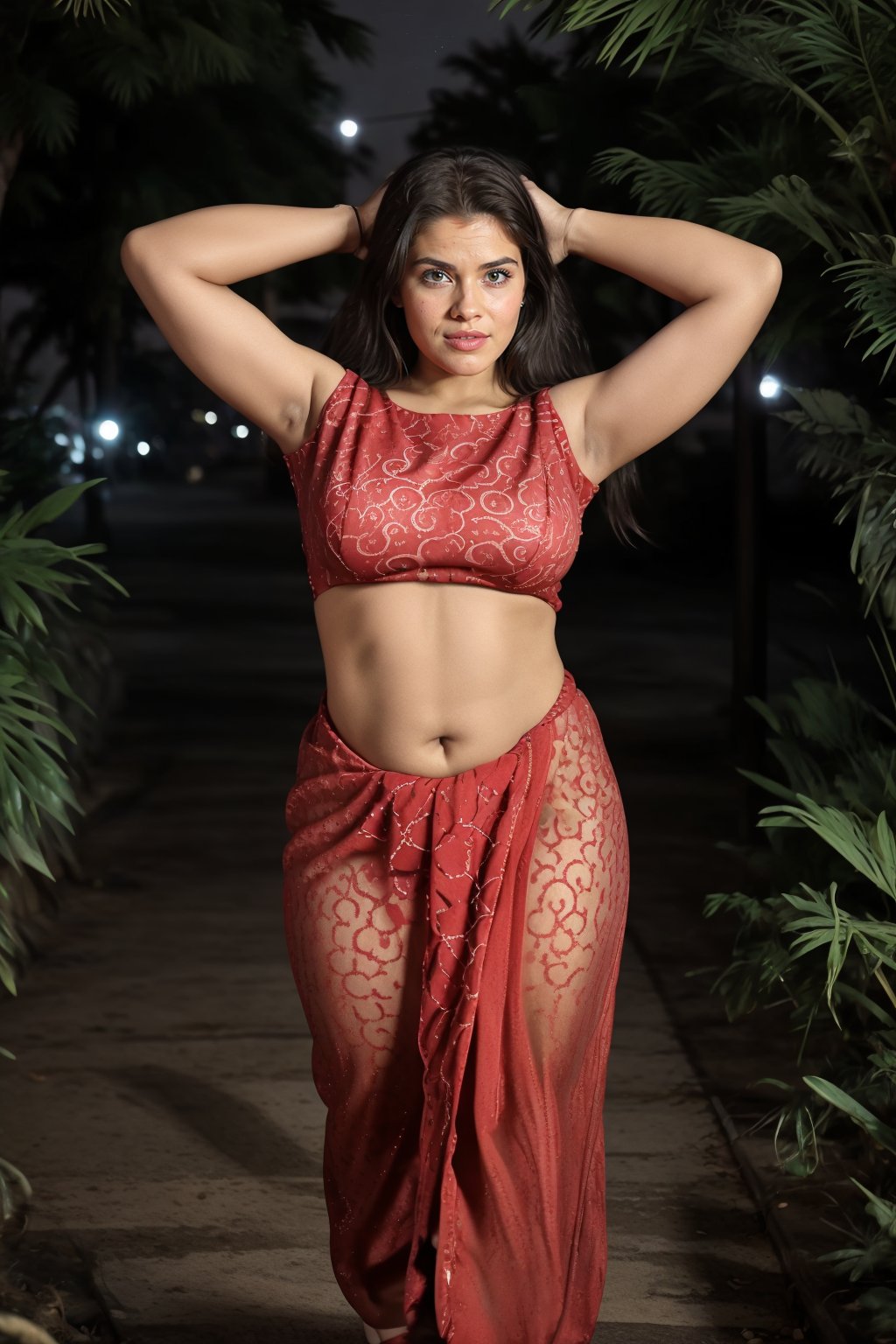 A 25-year-old woman stands confidently in the midst of a vibrant cityscape at night, wearing a striking red dress that hugs her curves. The dress's dynamic design accentuates her toned physique, showcasing a navel piercing adorned with a T-shaped stud. Neon lights from nearby billboards and streetlights dance across her skin and outfit, casting a mesmerizing glow. A soft mist swirls around her, adding an air of mystery to the scene. Her every hair strand, fabric fold, and body contour is rendered in super-realistic detail, drawing the viewer's attention to the intricate design of her navel piercing.