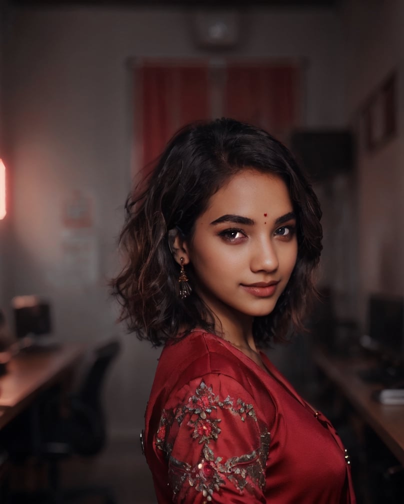 photo of extremely sexy, 25yo mallu girl, woman as a sexy student, perfect eyes, modelshoot style, (extremely detailed CG unity 8k wallpaper), photo of the most beautiful artwork in the world,  trending on CGSociety, Intricate, High Detail, Sharp focus, dramatic, photorealistic painting art by midjourney and greg rutkowski, (looking at viewer:1), (detailed pupils:1.3),  smiling, bob haircut,  red dress
.Realism, gray background,20 year old girl,CyberpunkWorld,GdClth