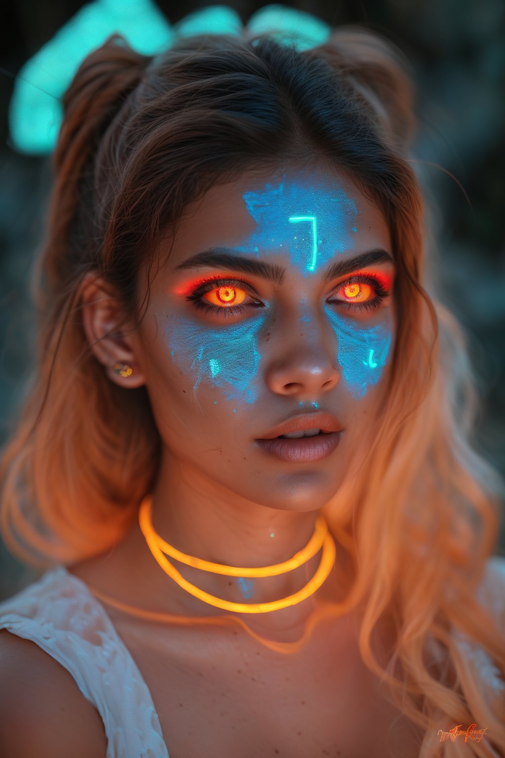 Portrait of a mystical fantasy bioluminescent neon woman. Glamorous fashionable lady. Glowing 
skin spot,  Glowing color,Glowing dots on face, neon lines on face, glowing multiple colour on eyeballs,25 year old girl ,27 yo mallu girl