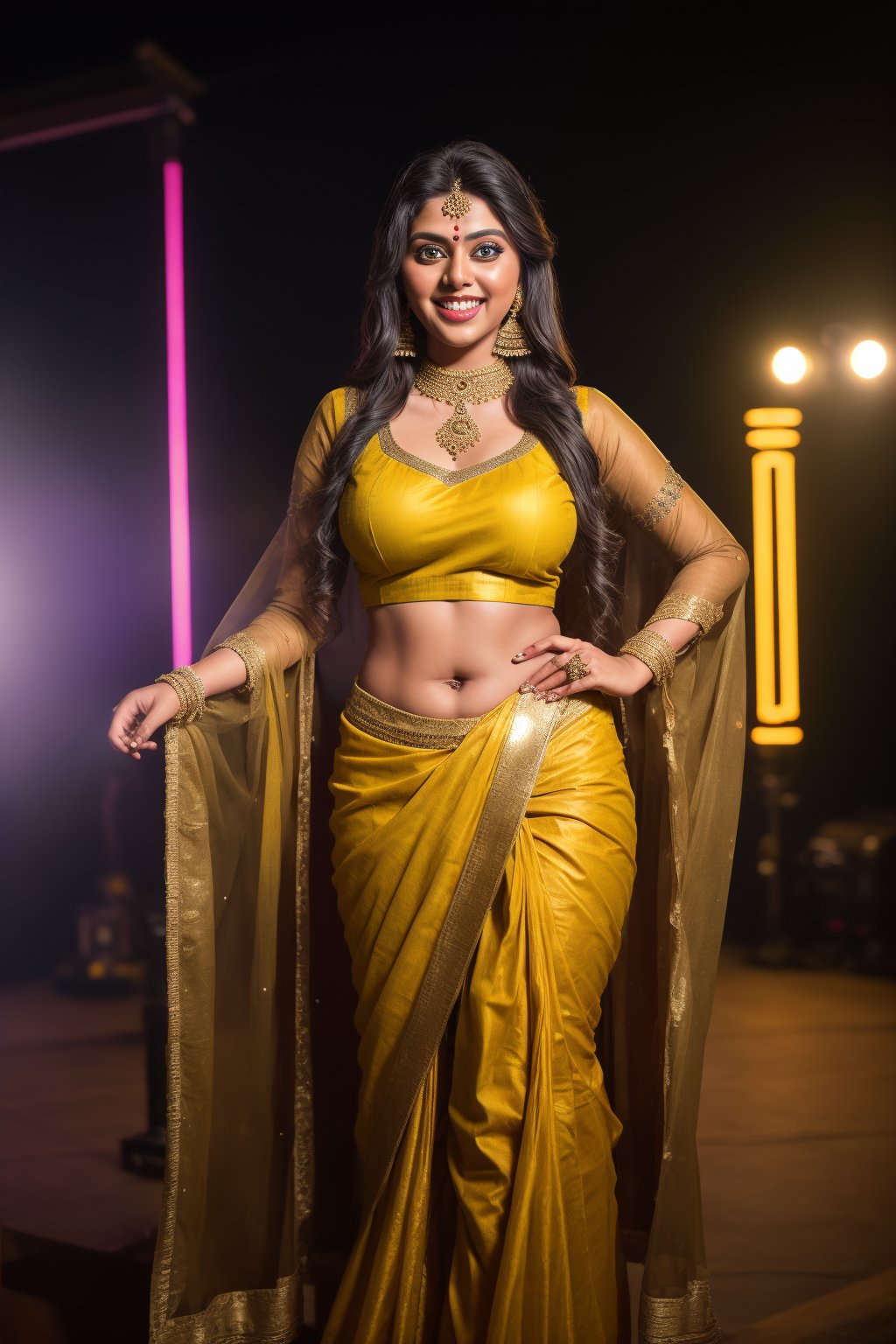 (8K, Raw-Photo, Top Quality, ​masterpiece: 1.1),hyper detailed, 1girl, yound beautiful Indian girl, Indian white face without makeup, film, photography realism, smooth skin, ultra hd, 25 year old,proper breasts ,pretty face, attractive body shape, realistic ,1 girl,yellow pair of flared pants(sharara)_dress,, looking gorgeous,shot with Canon EOS R5, 85mm lens,full body view , only,stood near drum bands, decorative stage,smiling, one of them is laughing, super realistic,unmarried fashion, different yellow indian  sharara dresses,Big eyes