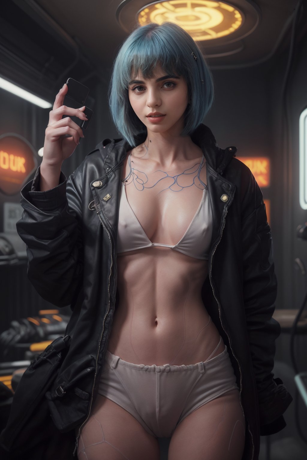 Here's a high-quality, coherent, and photorealistic , A 25-year-old woman with long, blue hair adorned with a hair ornament, stands solo in a futuristic room bathed in neon lights. She wears a designer blouse and jacket combo, paired with a turtle-neck sweater underneath. ,CyberpunkWorld,Fit body