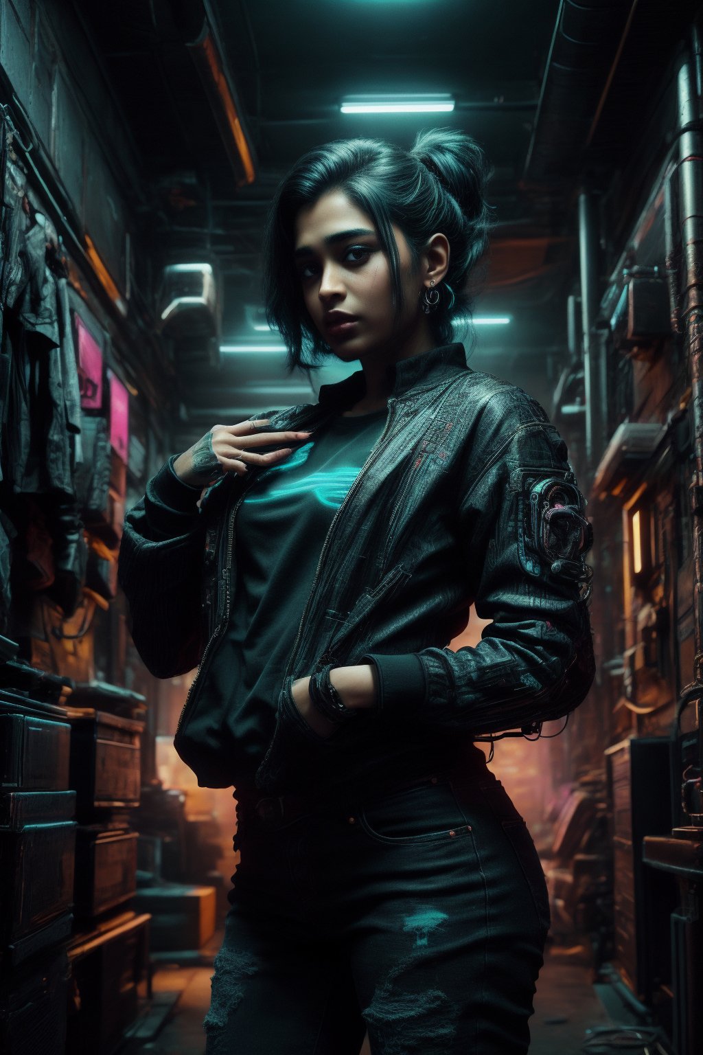 Cyberpunk, Neon glow, masterpiece, high resolution, best quality, 4k, plump face, 1girl, solo, beauty photo, amateur photo, jeans, 1girl, eye level, oversized button-up shirt, and hoop earrings, Teal-colored Flat ironed straight, stand pose in locker room,lighting,photorealistic,redneonstyle,Rebecca ,Mallu girl ,Tamil girl, plump , cute, ,CyberpunkWorld