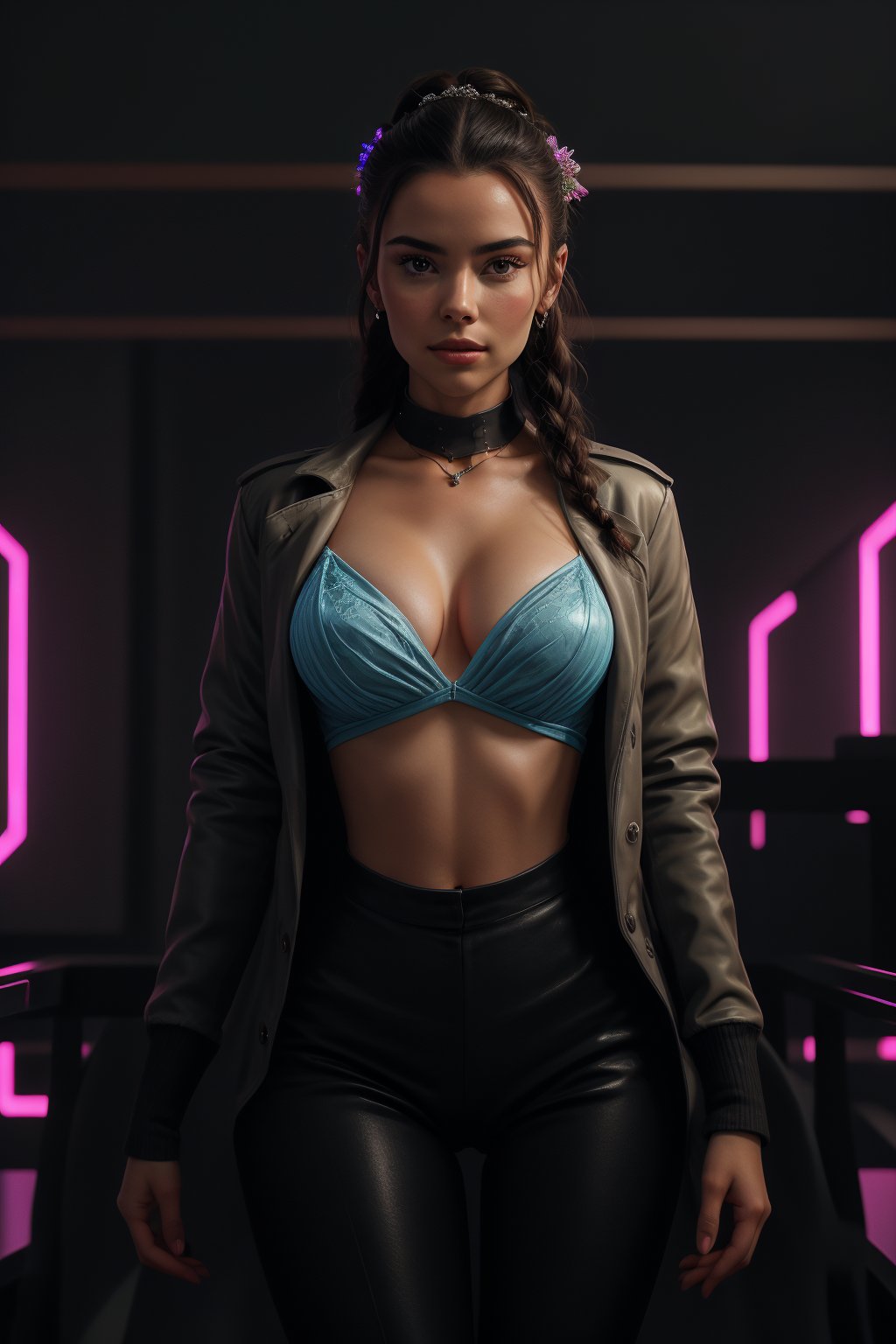 A 25-year-old woman with a fit body and long, six pack abs, dark hair adorned with a hair ornament, stands solo in a futuristic room illuminated by neon lights. Her brown eyes lock onto the viewer as she wears a designer blouse and jacket, paired with a turtle-neck sweater underneath. A braided ponytail flows down her back, and her plump lips curve into a subtle smile. She's dressed in a long skirt, black high-waisted pants, and a bioluminescent dress that glows softly. Her navel is exposed, and she wears a necklace, earrings, and ring. The camera captures her looking directly at us, with a realistic, photorealistic focus on her features.,Fit body
