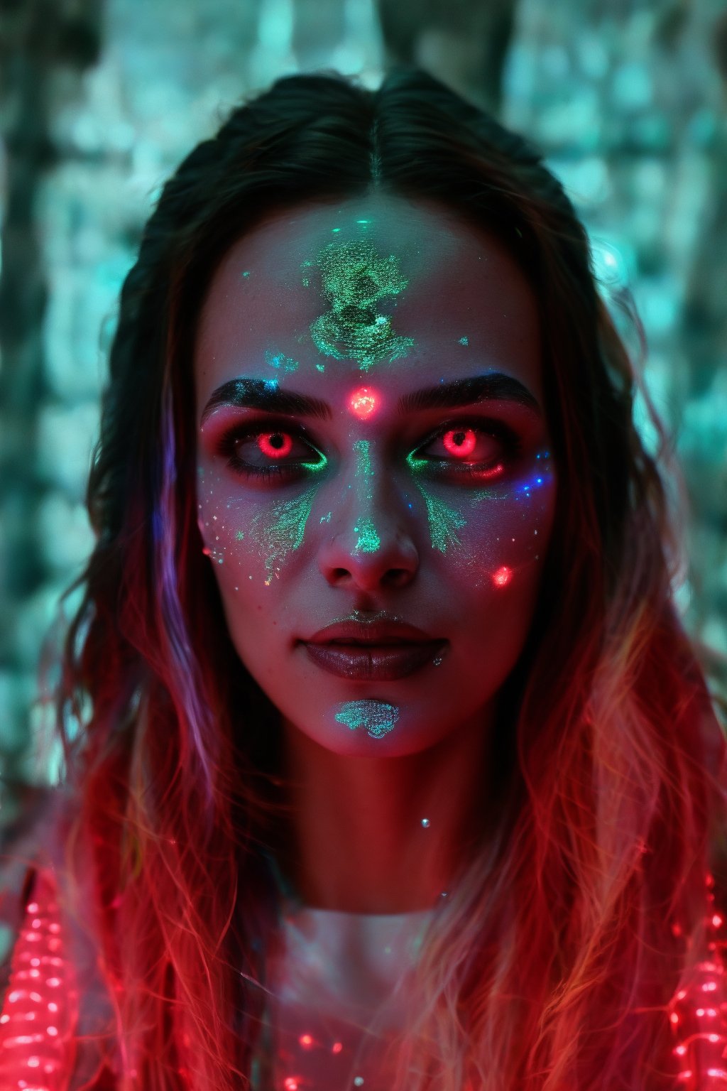 Portrait of a mystical fantasy bioluminescent neon woman. Glamorous fashionable lady. Glowing 
skin spot,  Glowing color,Glowing dots on face, neon lines on face, glowing multiple colour on eyeballs,25 year old girl 