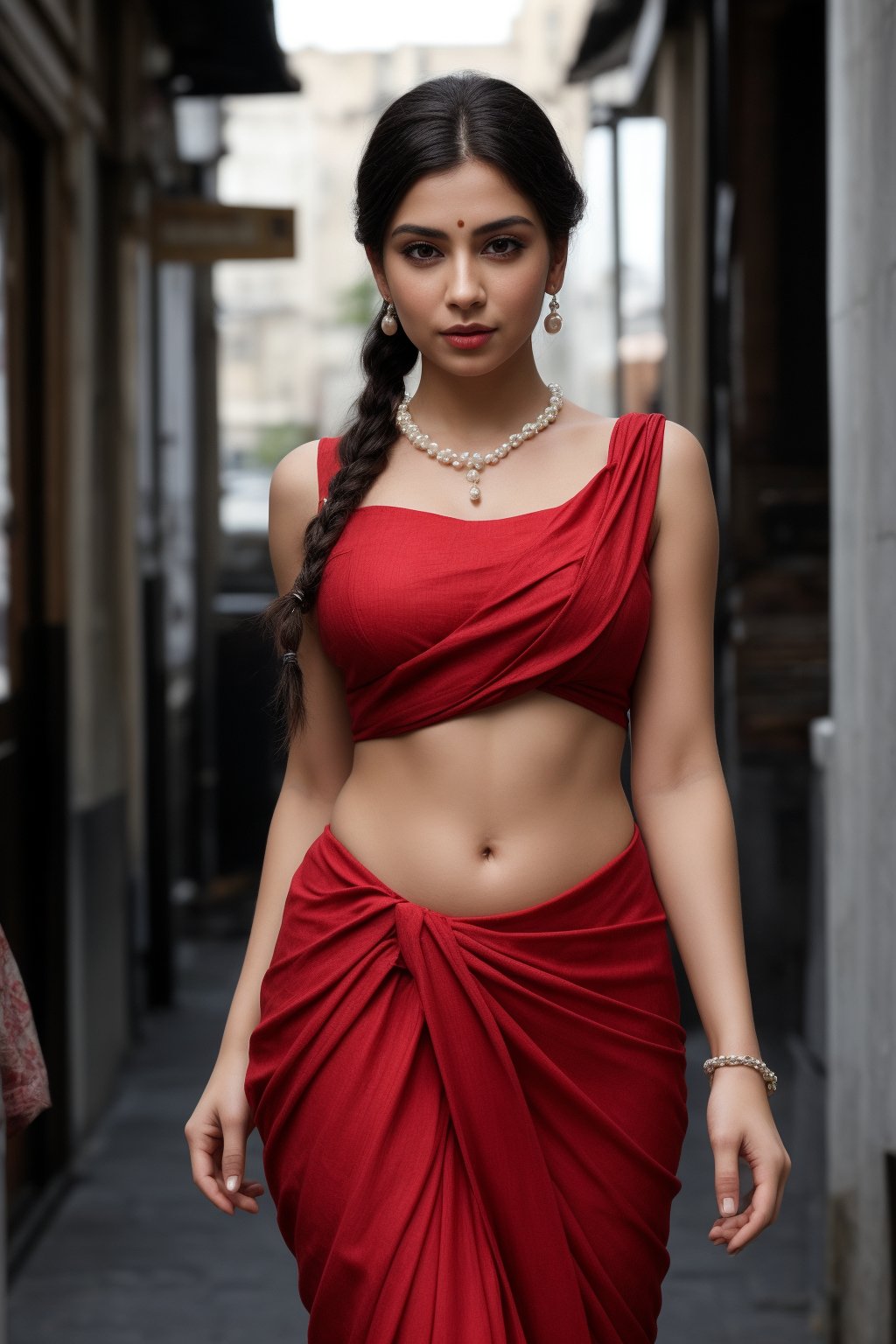 Russian girl, in city, out side, Red hair braided hair:2, She remove Her  saree from  navel,  front view, braided hair tail, A sultry shot of a 28-year-old woman wearing a stunning  saree:1, showcasing her curvy figure. She poses solo-focused, looking directly at the viewer with alluring hair. Her thick body is accentuated by a sleeveless dress and hotpants, while her big breast,  A pearl necklace adorns her neck, complemented by dangling earrings and a bracelet. Her lips pout slightly, inviting attention to her The background is blurry, with a ground vehicle visible in the distance. Her eyes, like perfect pearls, gaze directly at us, captivating our attention.,Saree 