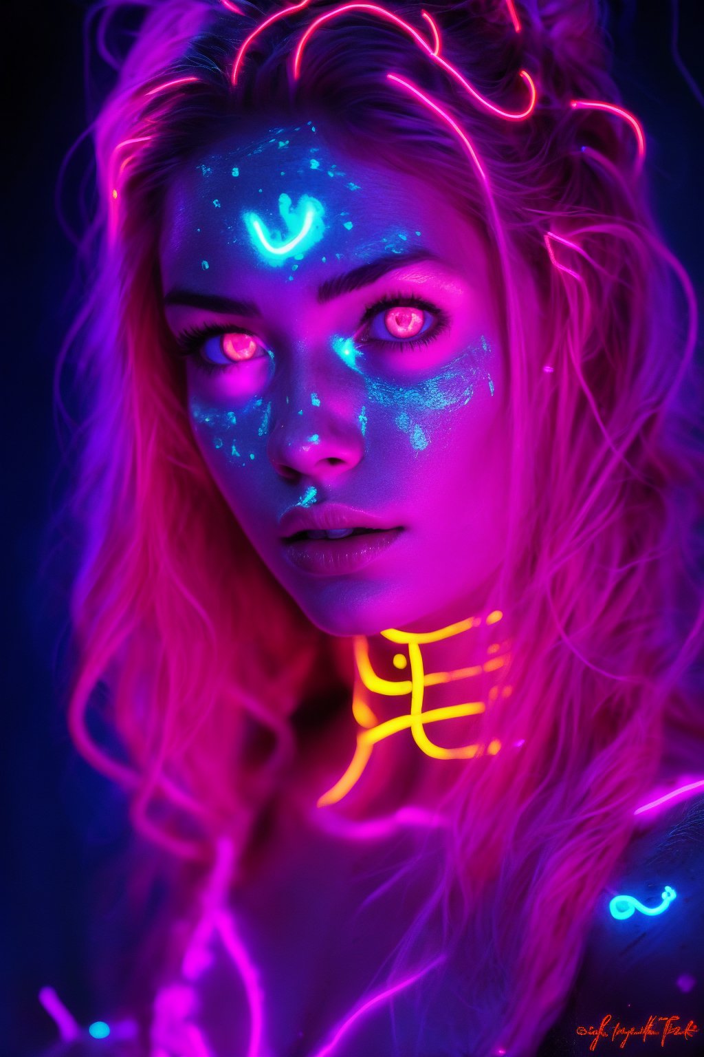 Portrait of a mystical fantasy bioluminescent neon woman. Glamorous fashionable lady. Glowing 
skin spot,  Glowing color,Glowing dots on face, neon lines on face, glowing multiple colour on eyeballs,25 year old girl ,actress 