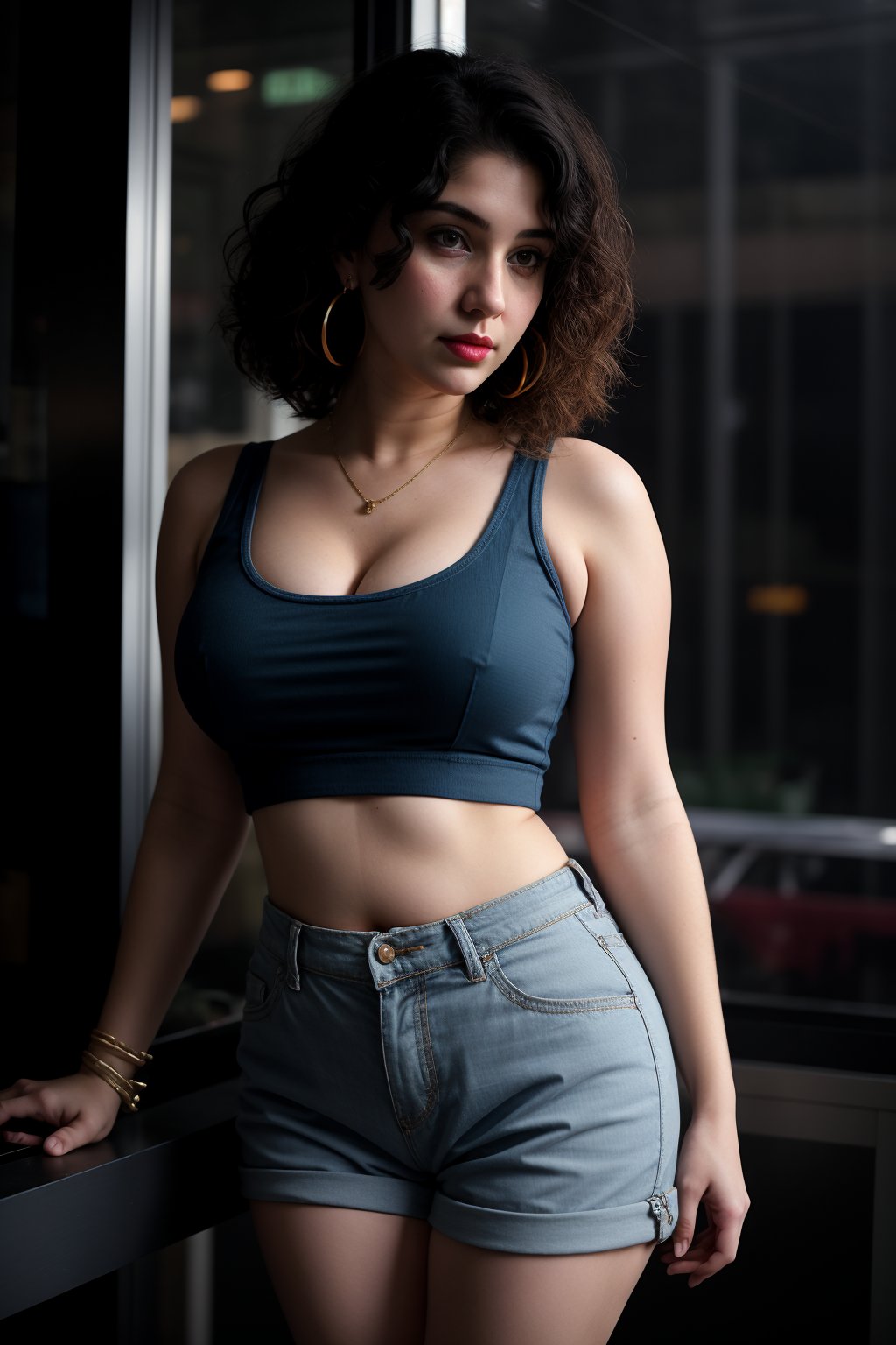 Bra:2, t shirt, Tanktop, plump, Cyberpunk, Neon glow, curvy women:2, milf ,  bubbly, masterpiece, high resolution,  long gown, best quality, 4k, plump face, 38 years old , huge,  women, shorts,  hot pants, thick_hip, solo, beauty photo, amateur photo, skin texture:2, 1girl, eye level, and hoop earrings, red_teal_orange-colored busty ironed straight, stand, room,lighting,photorealistic ,CyberpunkWorld, twin_tailscprebecca,27 year old, dark skin ,Fit girl,Curly girl 