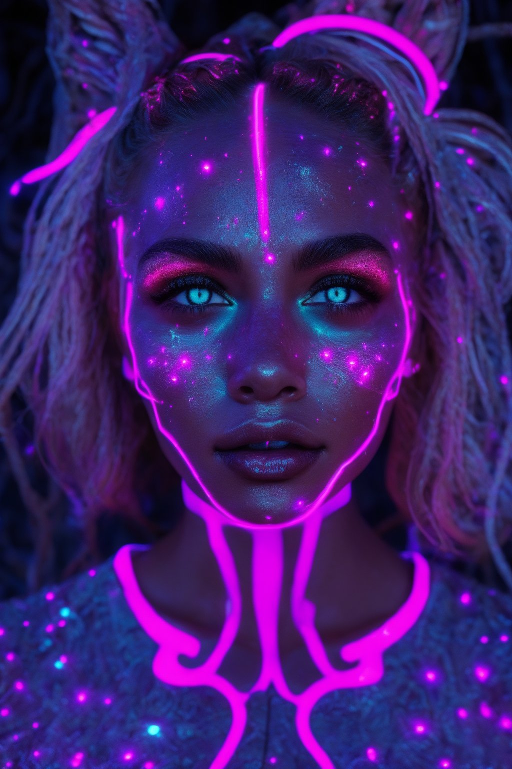 Portrait of a mystical fantasy bioluminescent neon woman. Glamorous fashionable lady. Glowing 
skin spot,  Glowing color,Glowing skin spot,Brown skin 