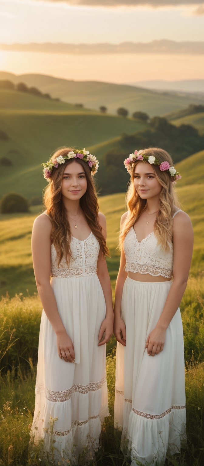 masterpiece, best quality, ultra-detailed,A high definition and a hige resolutions photography of  ,Two teenage girls in bohemian attire, wearing delicate flower crowns, stand gracefully on a lush green hill during golden hour. Their harmonious melodies blend with the soft breeze as the setting sun casts a warm, enchanting glow over the picturesque rolling hills. The scene exudes a carefree, whimsical vibe, seamlessly combining nature's beauty with the sweet sounds of their impromptu concert, all captured in stunning high-definition clarity, evoking a magical and serene atmosphere.