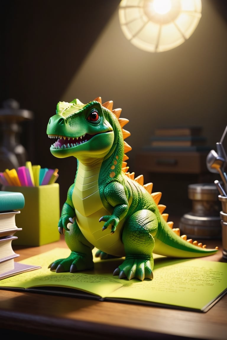A vivid lime green T-Rex toy delicately balanced on a cluttered desk under a warm, soft ivory spotlight, casting detailed shadows on the glossy oak surface. Bright and colorful sticky notes scatter around, bringing bursts of color. The close-up shot captures the finely detailed texture of the dinosaur's scales, emphasizing its charming and lively character with meticulous precision. pixar animation style, rich textures, wide shot, sharp focus, high detail, 4k, masterpiece, photo, digital art, fantasy, the dark crystal movie style, sci-fi landscape, low angle photograph, glamour lighting, dreamy vibe 