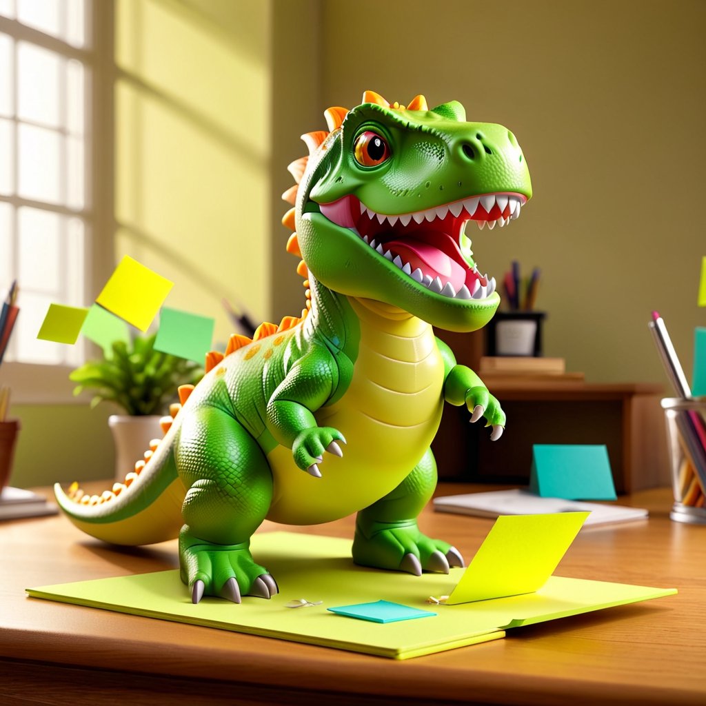 A vivid lime green T-Rex toy delicately balanced on a cluttered desk under a warm, soft ivory spotlight, casting detailed shadows on the glossy oak surface. Bright and colorful sticky notes scatter around, bringing bursts of color. The close-up shot captures the finely detailed texture of the dinosaur's scales, emphasizing its charming and lively character with meticulous precision.