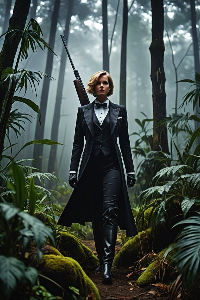A woman in a tailored black tuxedo stands with unwavering confidence amidst the dense fog of a forest. Her posture is poised and determined, holding a sleek silver hunting rifle with a firm grip. The dim lighting creates long, haunting shadows that play on her sharp features, accentuating her intense focus as she tracks her elusive prey through the mist, creating an atmosphere shrouded in mystery and suspense. amazon jungle, sci-fi landscape, cinematic, epic realism,8K, highly detailed, vintage photo, epic realism, highly detailed, high quality, rich textures, wide shot, sharp focus, high detail, 4k, masterpiece, photo, digital art, fantasy, the dark crystal movie style, tiltshift, side angle, colorful lighting, hard lighting, spooky vibe 