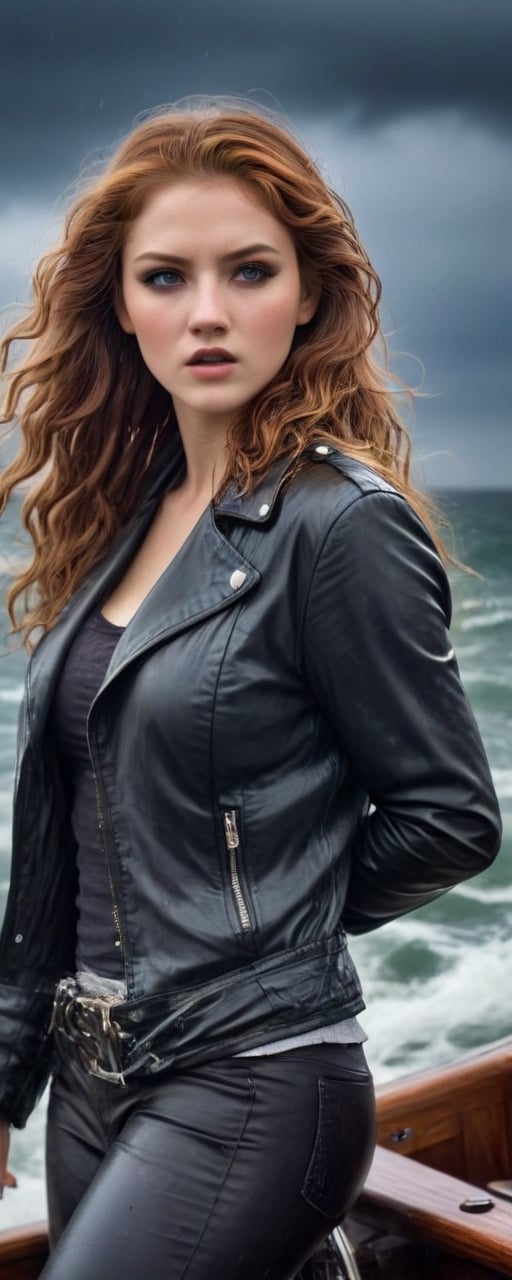A brave young girl with long, flowing curly auburn hair fearlessly commands a wooden ship's rudder during a fierce storm at sea. Her classic black leather  jacket emphasizes her unwavering leadership big breasts deep cleavege, blouse, , her expression steely as she guides the vessel through tumultuous waters beneath a dramatic, stormy sky, highlighting her indomitable strength and resilience in the face of adversity.