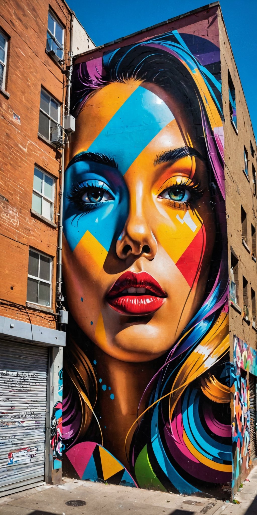 A series of dynamic and colorful street art murals adorning the walls of a lively urban alleyway, showcasing a blend of abstract shapes, intricate portraits, and mesmerizing geometric patterns. The scene is captured from a unique low angle, creating dramatic shadows and emphasizing the vibrant contrast of colors. The high-definition photograph brings out every detail, immersing viewers in the artistic essence of the bustling cityscape.,real_booster