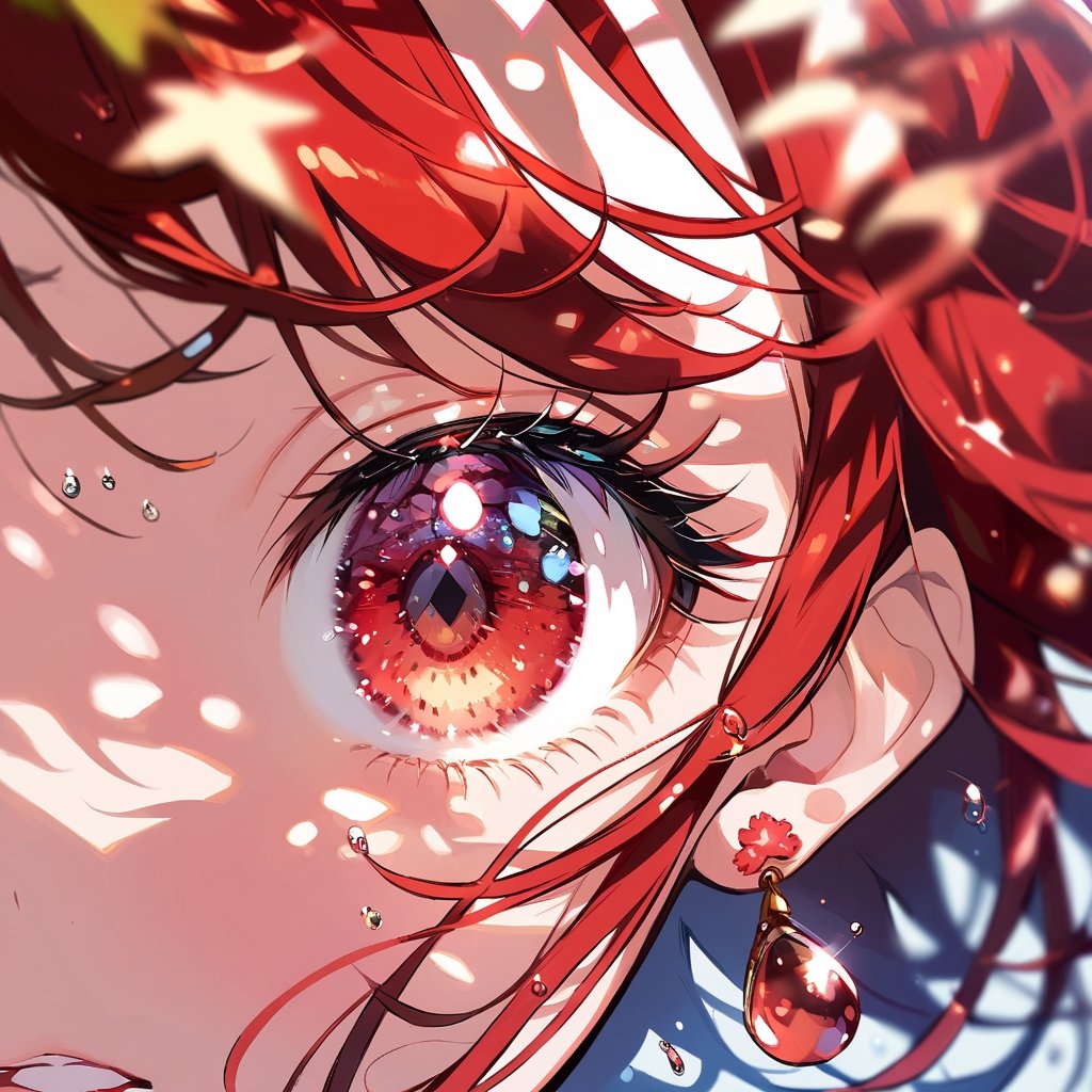 Visual Illustration, 1girl, solo, looking at viewer, bangs, red hair, jewelry, red eyes, earrings, blurry, eyelashes, sakura leaf, close-up, blurry foreground, water drop, dappled sunlight, eye focus