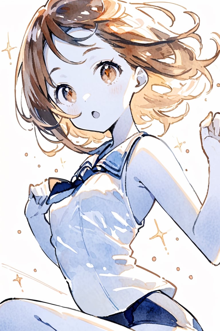 Visual Illustration, watercolor (medium), bright, sunlight, sparkle, white skin, 1girl, solo, open mouth, simple background, brown hair, shirt, white background, white shirt, necktie,  , pale skin, monochrome, white theme, painting (medium),  Navy school swimsuit, Goggles snugly fitted, executing a perfect butterfly stroke