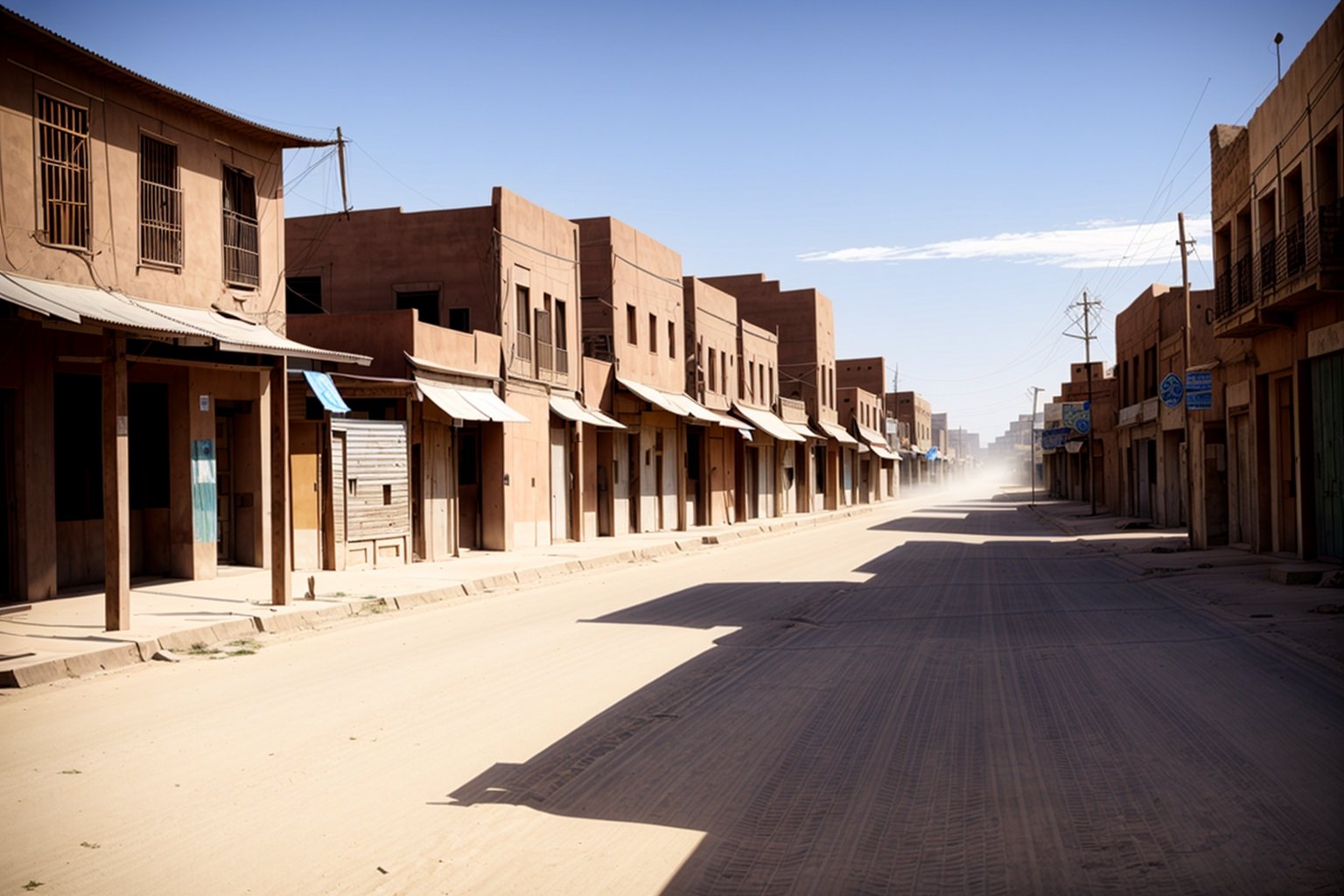 deserted street of a city in the time of the far west, sunny, dusty ground