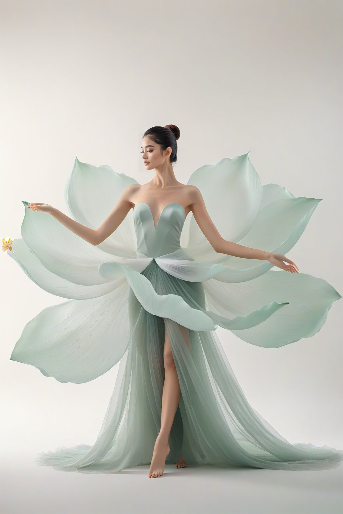 full body, Light jade tone,simple white background, lighting effect, minimalist, elegant, pure gentle, soft light, photorealistic. a women (collarbone, shoulders) dynamic pose, The hyper-giant lotus with huge and long petals (petal made of a thin and soft tulle fabric, flowy petals fully background, floating petals, hyper-flying petals, smoke effect mix with petal), lotus dress.,Lotus Dress