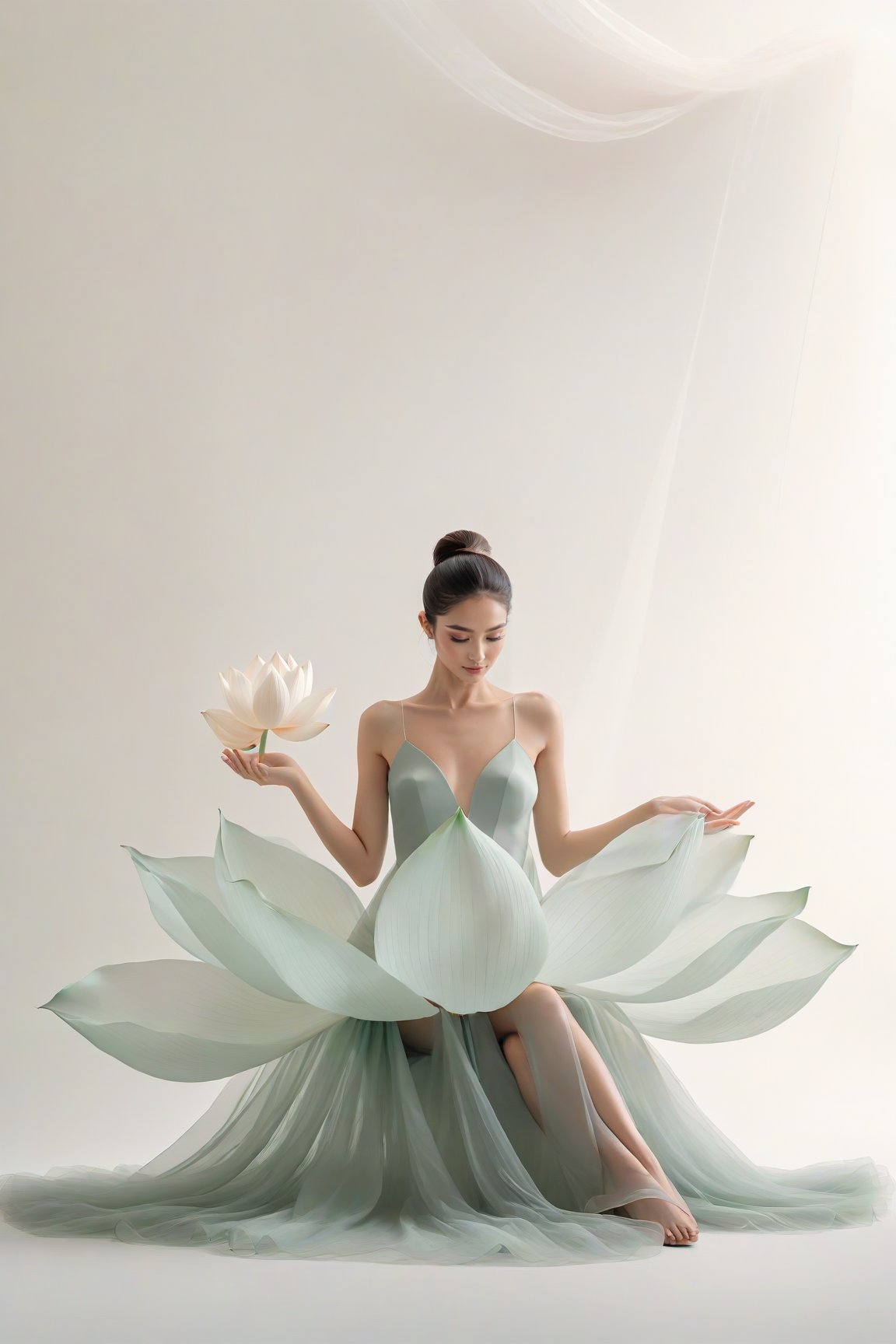 full body, Light jade tone,simple white background, lighting effect, minimalist, elegant, pure gentle, soft light, photorealistic. a women (collarbone, shoulders) sitting pose, The hyper-giant lotus with huge and long petals (petal made of a thin and soft tulle fabric, flowy petals fully background, floating petals, hyper-flying petals, smoke effect mix with petal), lotus dress.,Lotus Dress