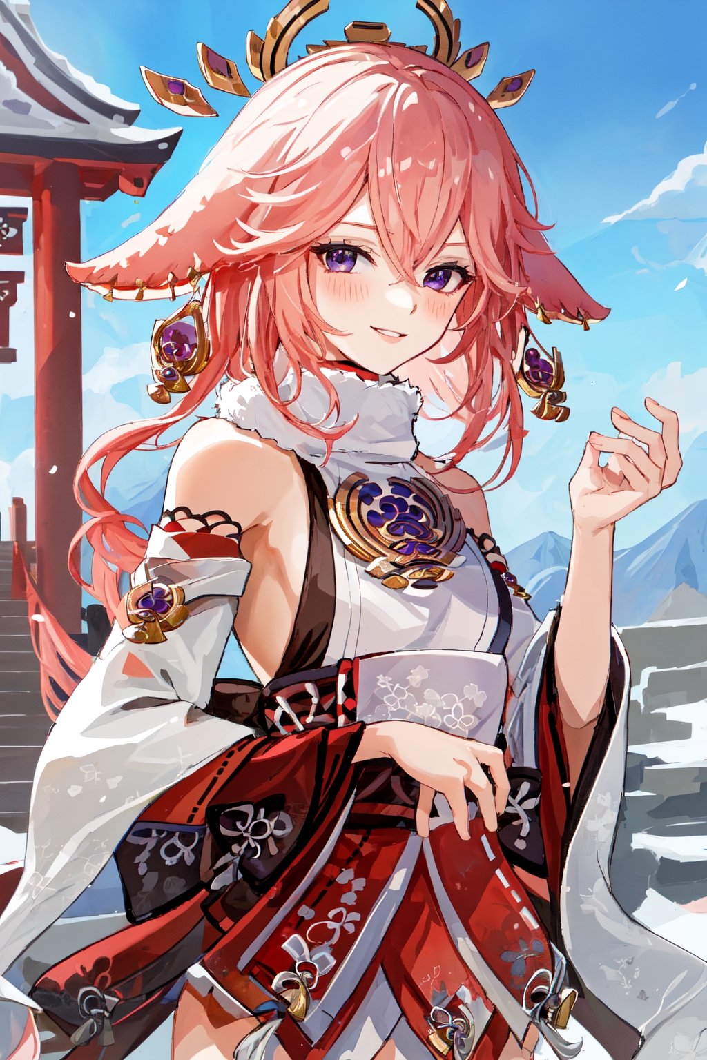 ((white and red full lenght fur coat, fur trim)), yaemikodef, upper body, smile, blush, outdoors, day, simple background, blue sky, short hair, sky, temple, looking at viewer, stairs, mountain, moody lighting, facing viewer,intricate printing pattern ,3d animation