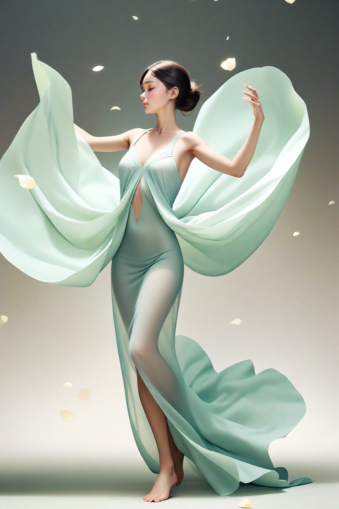 full body, Light jade tone,simple white background, lighting effect, minimalist, elegant, pure gentle, soft light, photorealistic. a women (collarbone, shoulders) dynamic pose, The hyper-giant lotus with huge and long petals (petal made of a thin and soft tulle fabric, flowy petals fully background, floating petals, hyper-flying petals, smoke effect mix with petal), lotus dress.,Lotus Dress