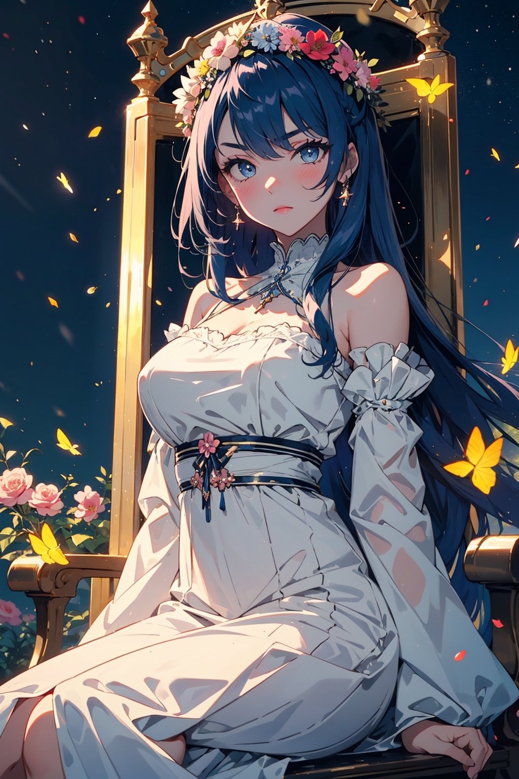 1girl, solo, blue eyes, dress, long hair, flower, looking at viewer, petals, wide sleeves, blue hair, sitting, head wreath, bangs, bare shoulders, pink flower, closed mouth, v-shaped eyebrows, detached sleeves, long sleeves, white dress, blurry, dutch angle, throne, breasts,firefliesfireflies,night sky,intricate printing pattern ,3d animation