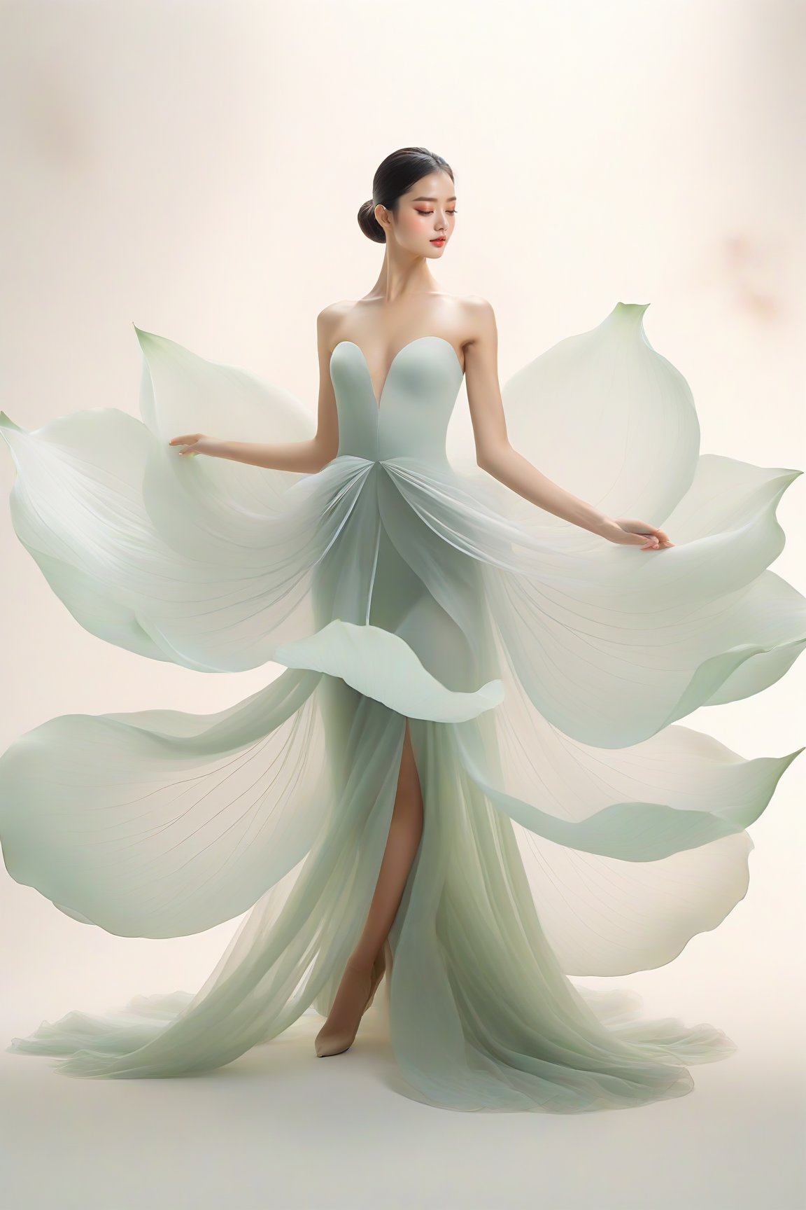 full body, Light jade tone,simple white background, lighting effect, minimalist, elegant, pure gentle, soft light, photorealistic. a women (collarbone, shoulders) dynamic pose, The hyper-giant lotus with huge and long petals (petal made of a thin and soft tulle fabric, flowy petals fully background, floating petals, hyper-flying petals, smoke effect mix with petal), lotus dress.,Lotus Dress