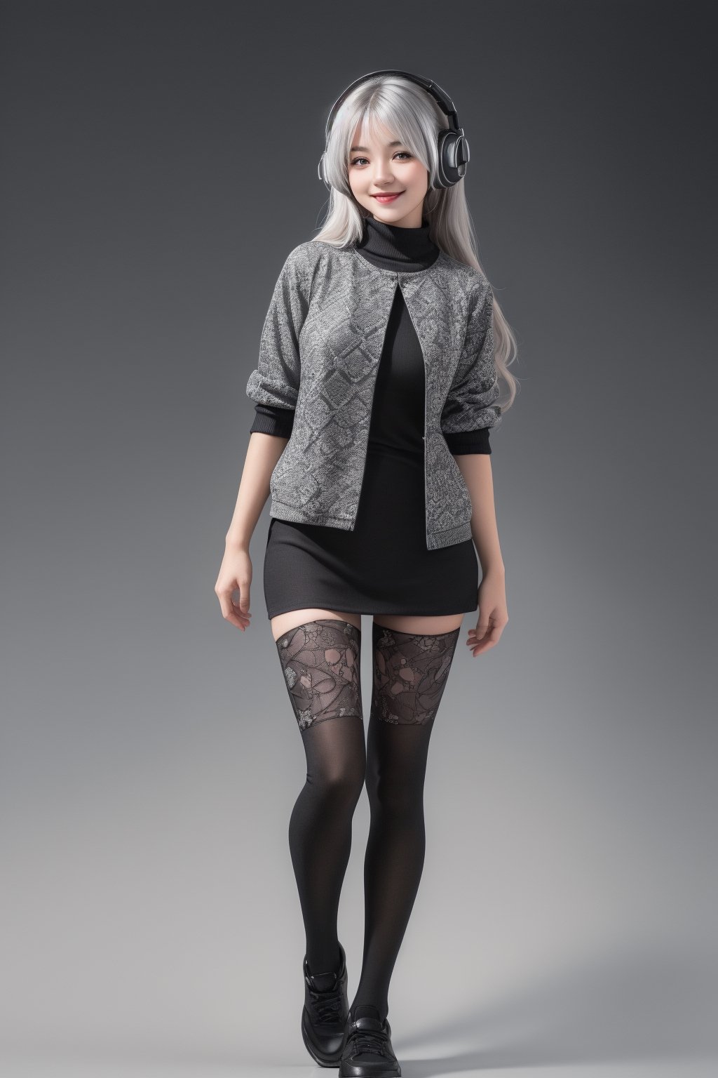 warm light room Beautiful woman with silver long hair against a grey background.over-the-ear headphones Smile,black tights top,Girl,full_body,vonnyfelicia,intricate printing pattern ,3d animation