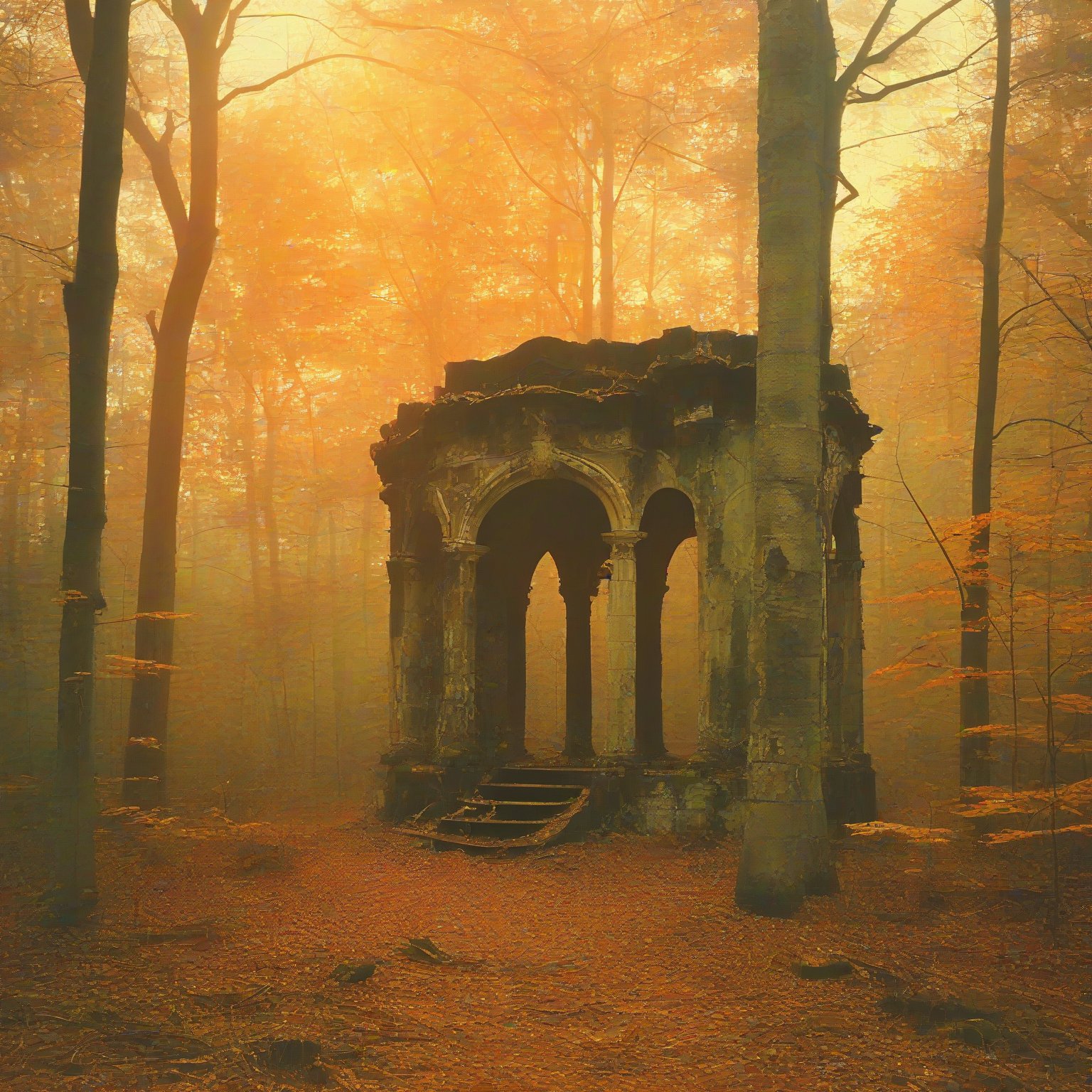 Forest still stands, a decaying monument to forgotten joy. vivid decadent vintage,decaying monument