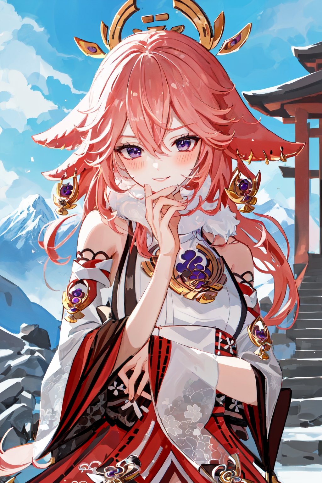 ((white and red full lenght fur coat, fur trim)), yaemikodef, upper body, smile, blush, outdoors, day, simple background, blue sky, short hair, sky, temple, looking at viewer, stairs, mountain, moody lighting, facing viewer,intricate printing pattern ,3d animation