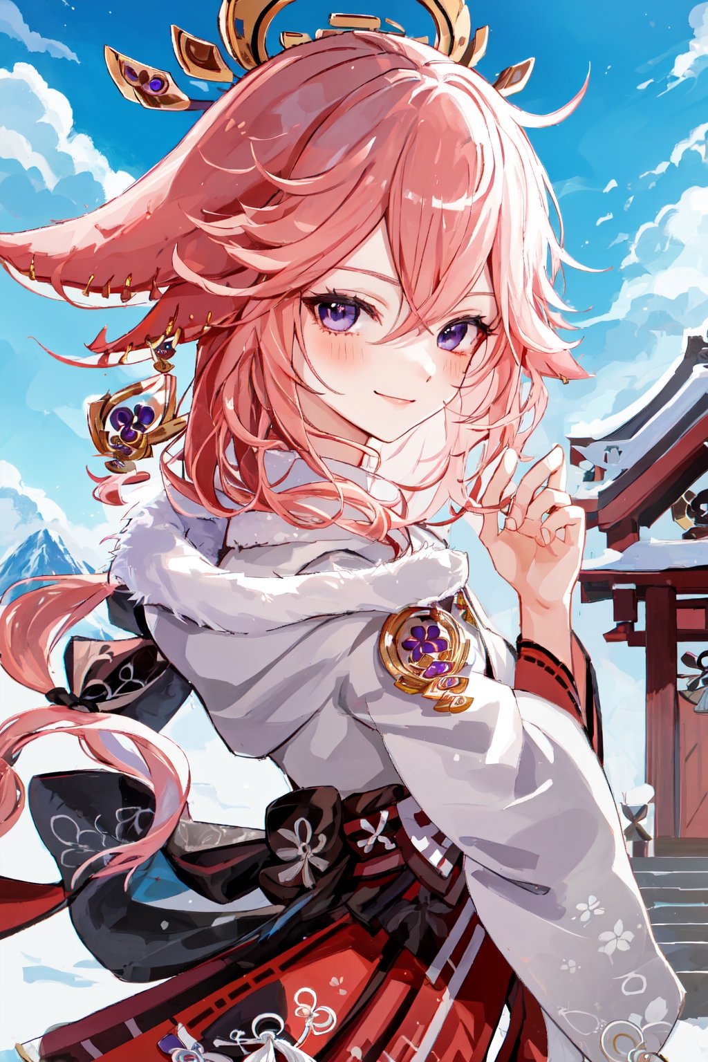 ((white and red full lenght fur coat, fur trim)), yaemikodef, upper body, smile, blush, outdoors, day, simple background, blue sky, short hair, sky, temple, looking at viewer, stairs, mountain, moody lighting, facing viewer,intricate printing pattern ,3d animation