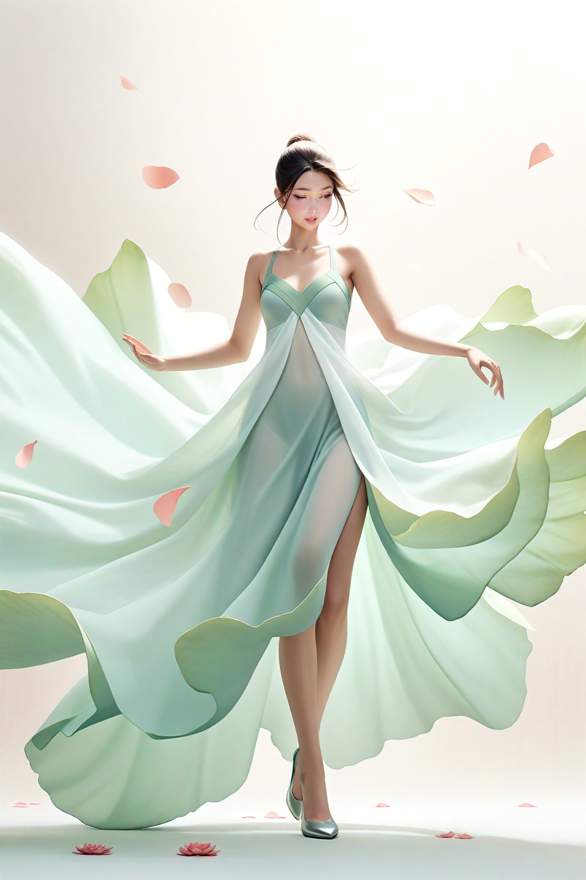 full body, Light jade tone,simple white background, lighting effect, minimalist, elegant, pure gentle, soft light, photorealistic. a women (collarbone, shoulders) dynamic pose, The hyper-giant lotus with huge and long petals (petal made of a thin and soft tulle fabric, flowy petals fully background, floating petals, hyper-flying petals, smoke effect mix with petal), lotus dress.,Lotus Dress