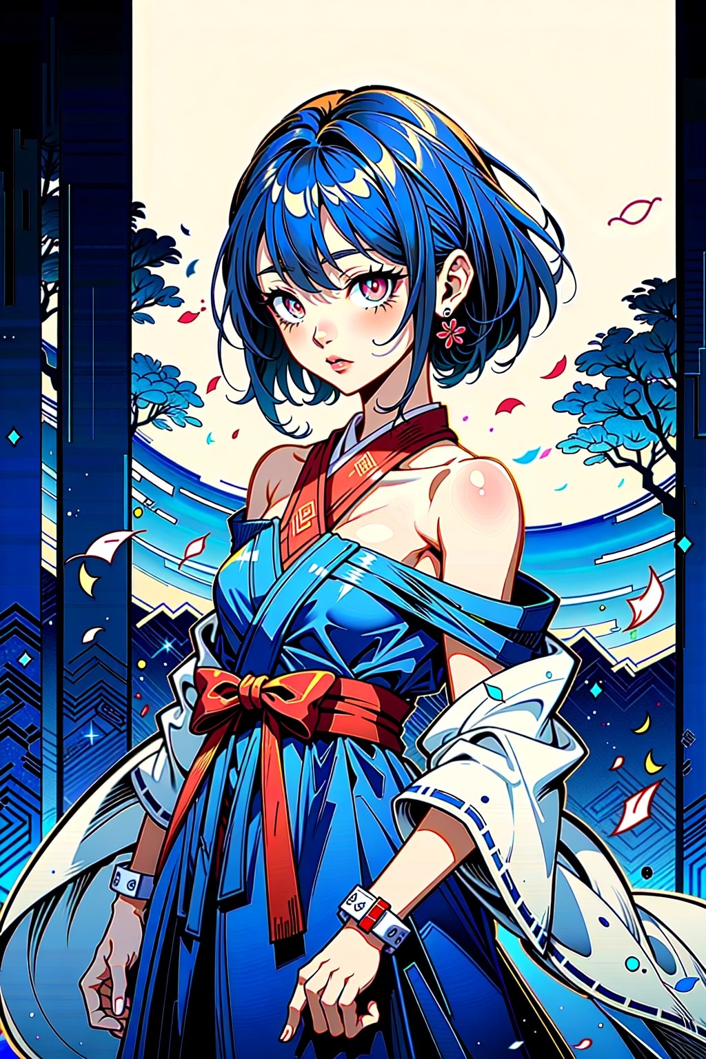 (watercolor_medium), ((ukiyoe style)), ((((masterpiece)))), (((best quality))), (illustration),(1girl:1.5),(solo:1.5), ((an extremely delicate and beautiful)), ((little girl)) , cute, ((hime_cut)), side blunt bangs,(ultramarine hair:1.2), hairs between eyes, ribbons, Bracelet , bare shoulders,((japanese_clothes)), sakura, ((slit pupils)), ((miko)), (off_shoulder), ace,intricate printing pattern ,3d animation